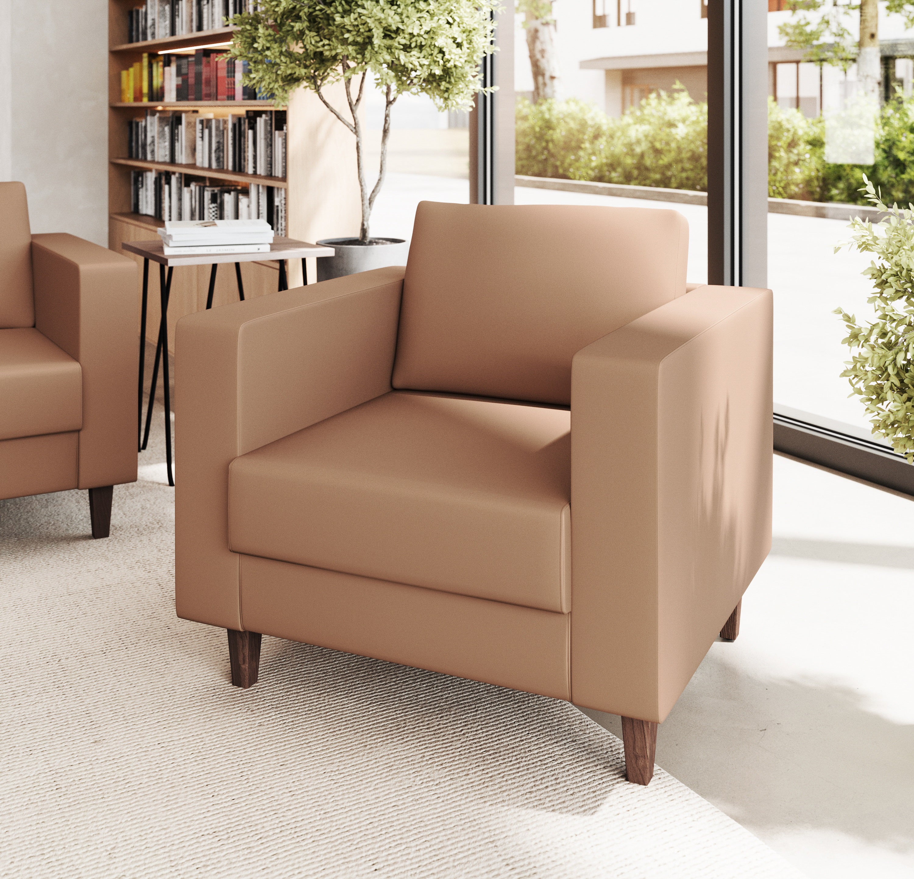 HERCULES Artemis Cognac LeatherSoft Reception Chair with 2 AC Outlets/USB/USB-C Ports and Solid Wood Walnut Legs with Adjustable Floor Glides