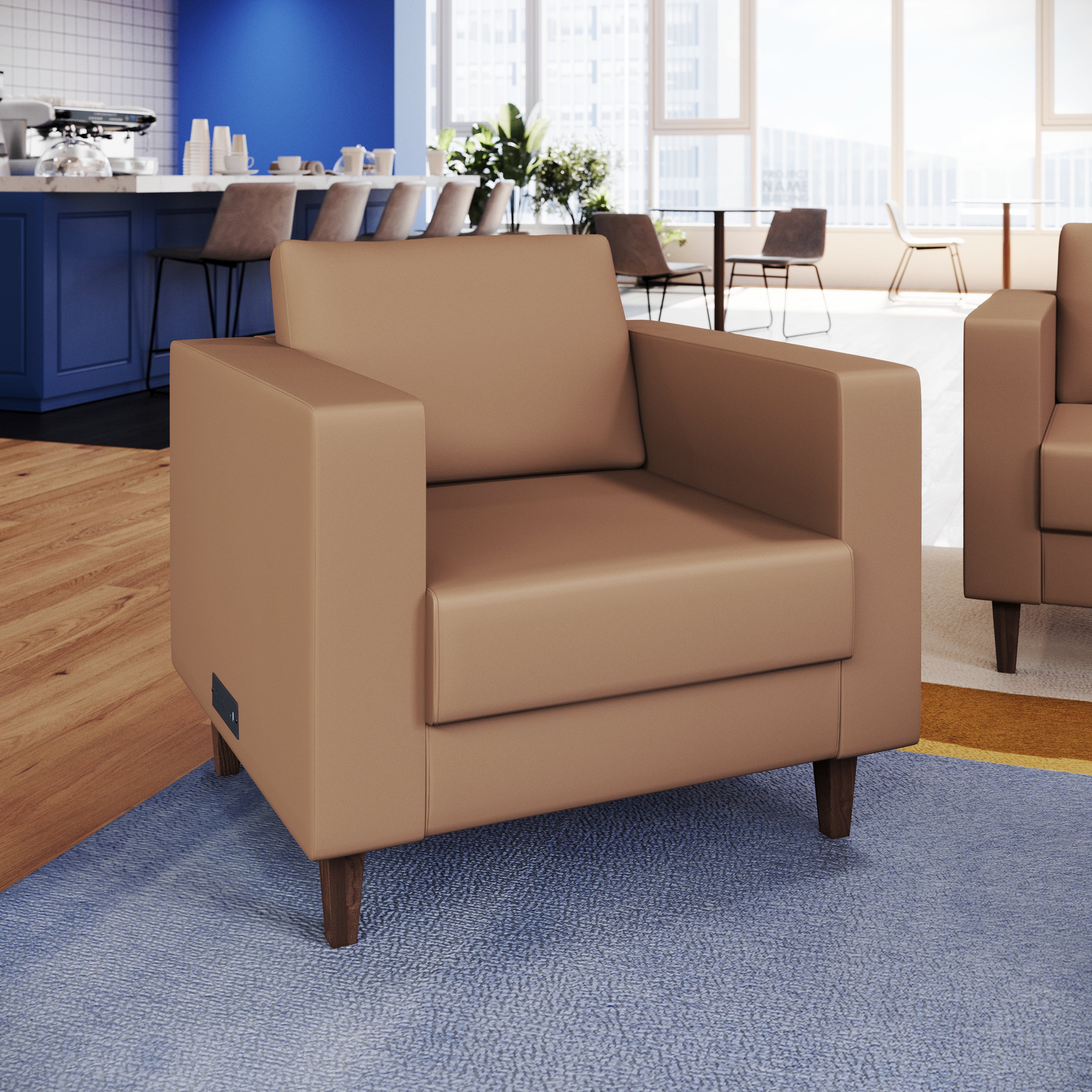 HERCULES Artemis Cognac LeatherSoft Reception Chair with 2 AC Outlets/USB/USB-C Ports and Solid Wood Walnut Legs with Adjustable Floor Glides