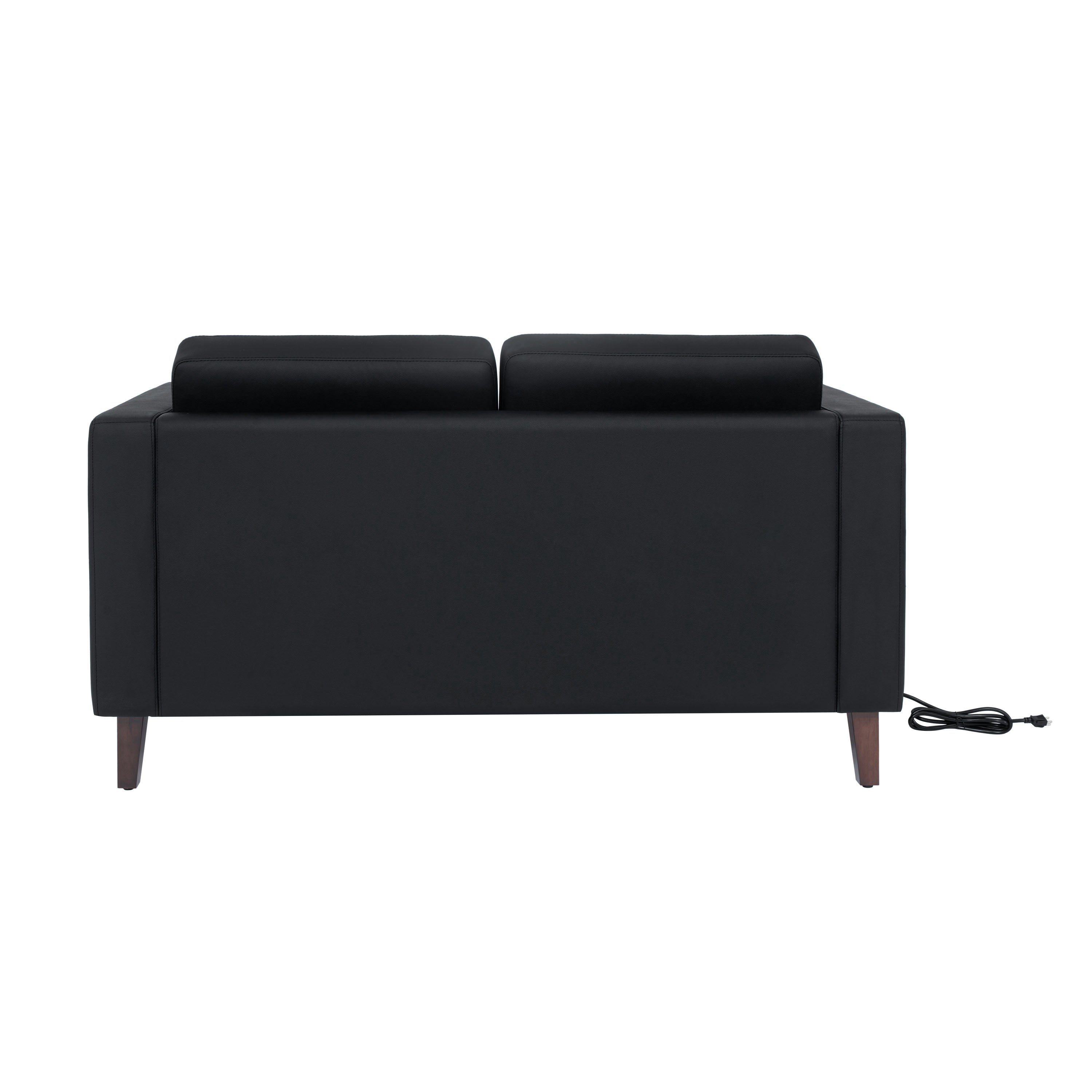 HERCULES Artemis Black LeatherSoft Reception Loveseat with 2 AC Outlets/1 USB/1 USB-C Ports and Solid Wood Walnut Legs with Adjustable Floor Glides