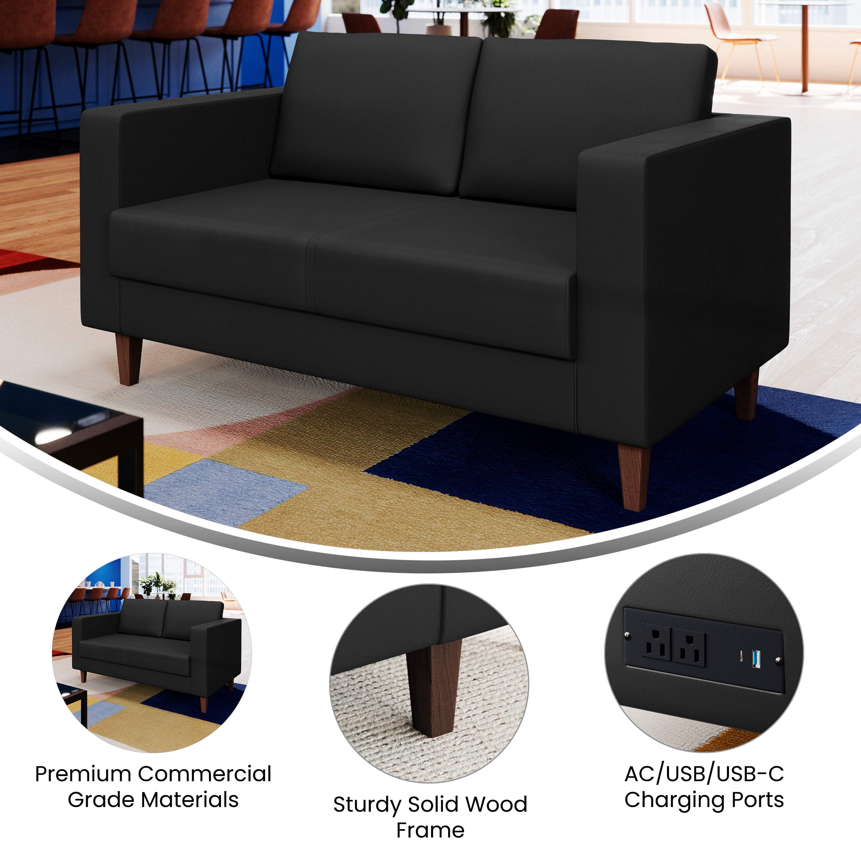 HERCULES Artemis Black LeatherSoft Reception Loveseat with 2 AC Outlets/1 USB/1 USB-C Ports and Solid Wood Walnut Legs with Adjustable Floor Glides