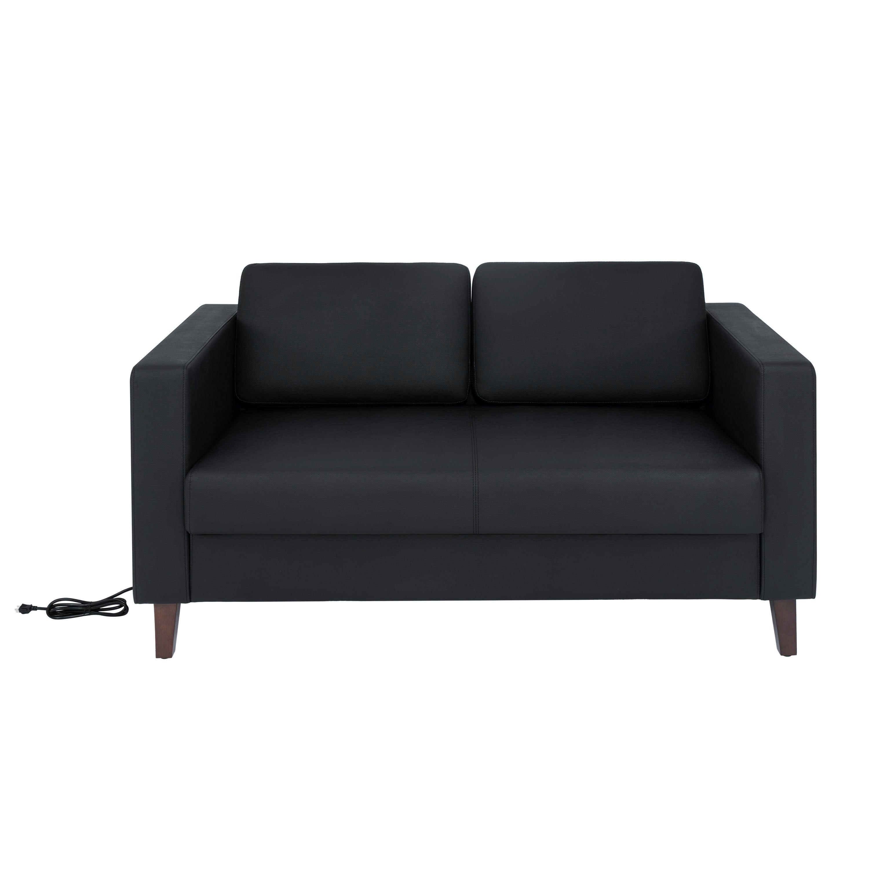 HERCULES Artemis Black LeatherSoft Reception Loveseat with 2 AC Outlets/1 USB/1 USB-C Ports and Solid Wood Walnut Legs with Adjustable Floor Glides