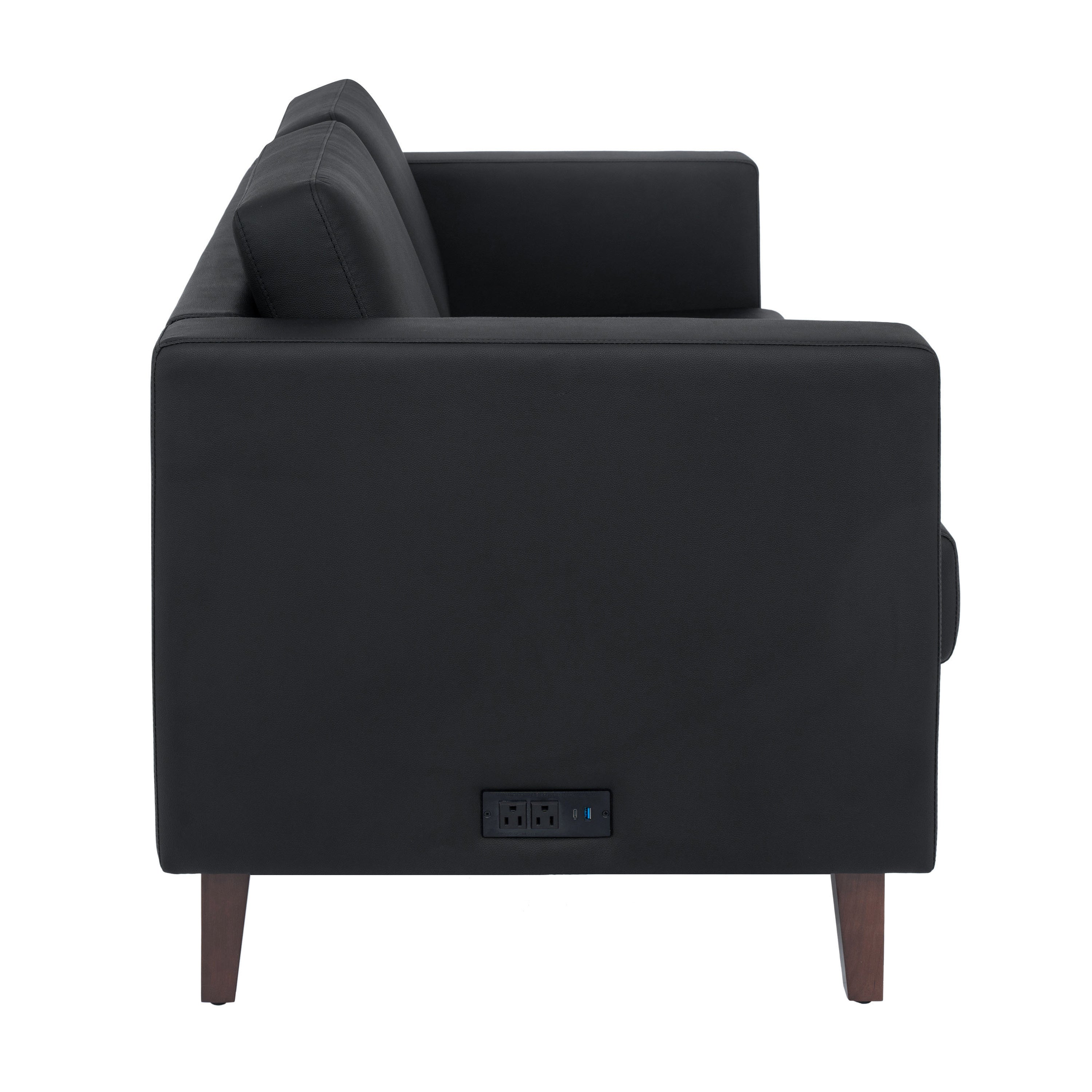 HERCULES Artemis Black LeatherSoft Reception Loveseat with 2 AC Outlets/1 USB/1 USB-C Ports and Solid Wood Walnut Legs with Adjustable Floor Glides