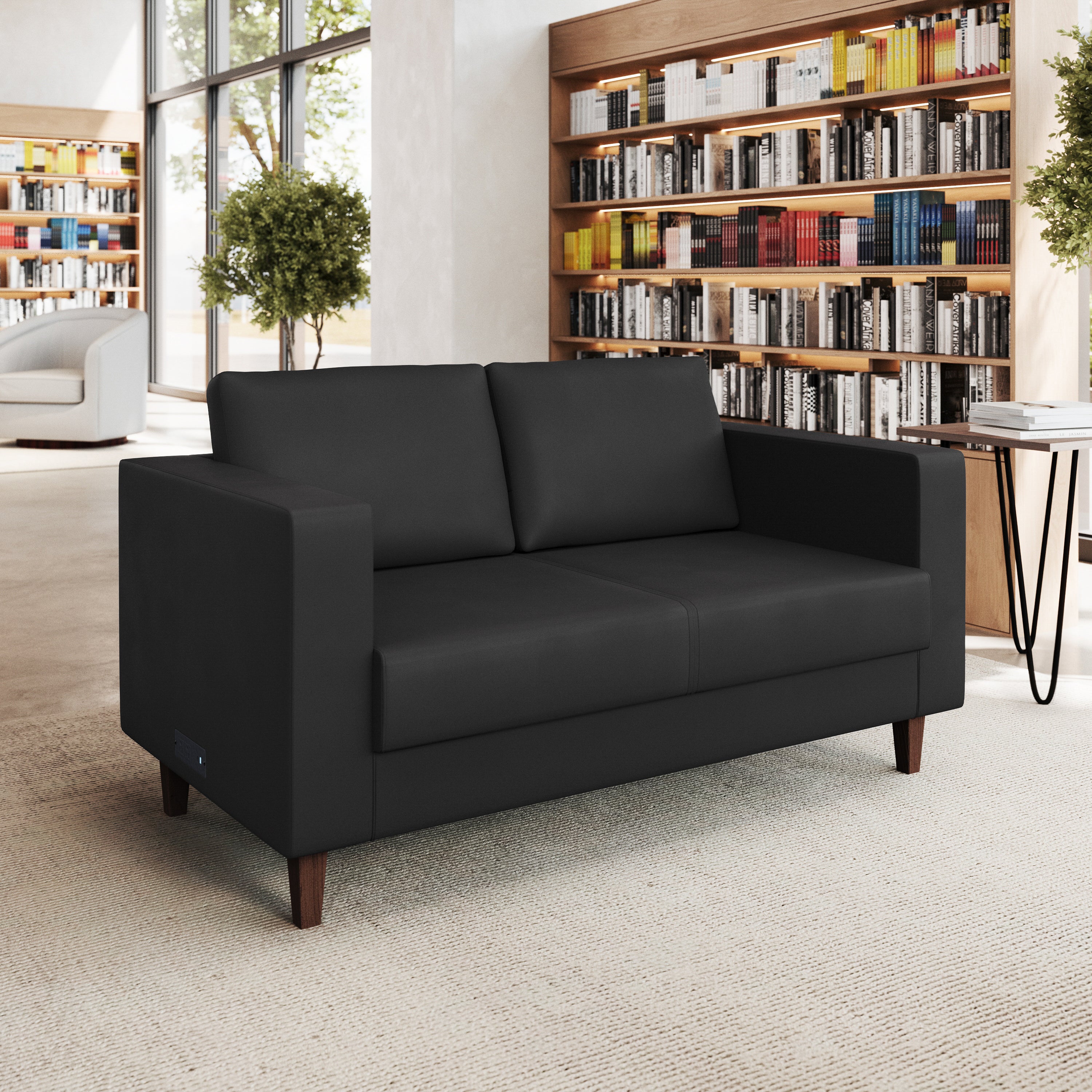 HERCULES Artemis Black LeatherSoft Reception Loveseat with 2 AC Outlets/1 USB/1 USB-C Ports and Solid Wood Walnut Legs with Adjustable Floor Glides