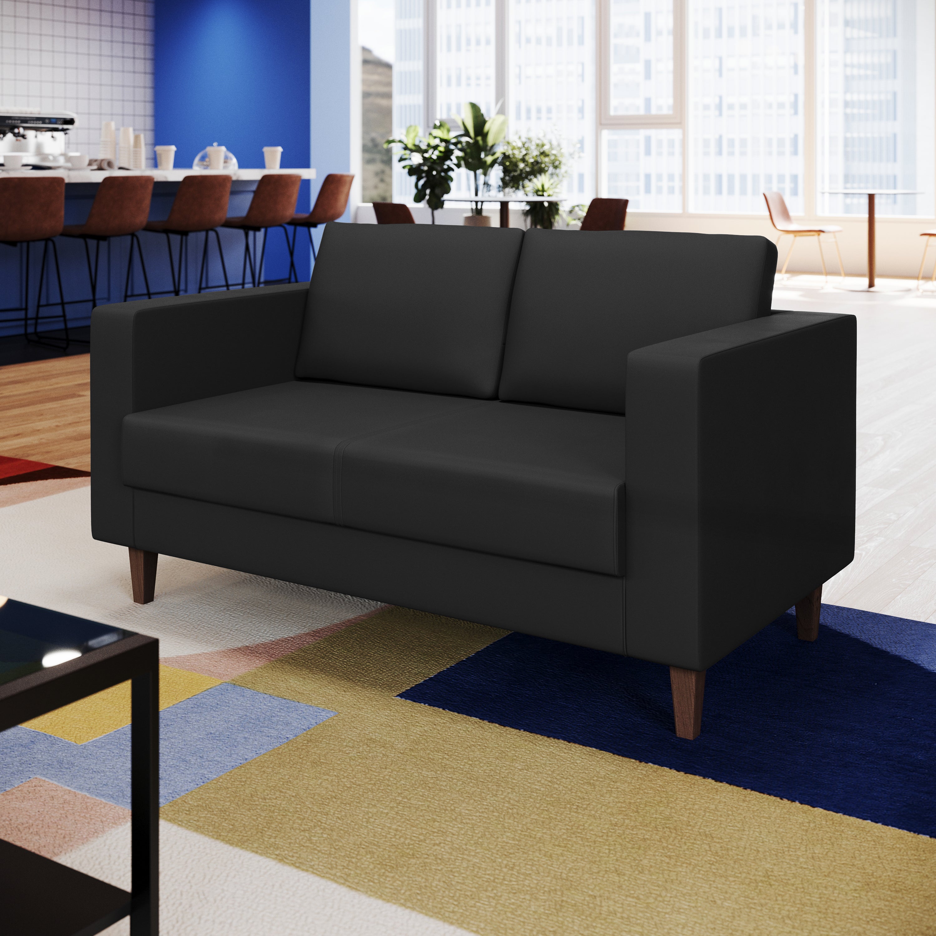 HERCULES Artemis Black LeatherSoft Reception Loveseat with 2 AC Outlets/1 USB/1 USB-C Ports and Solid Wood Walnut Legs with Adjustable Floor Glides