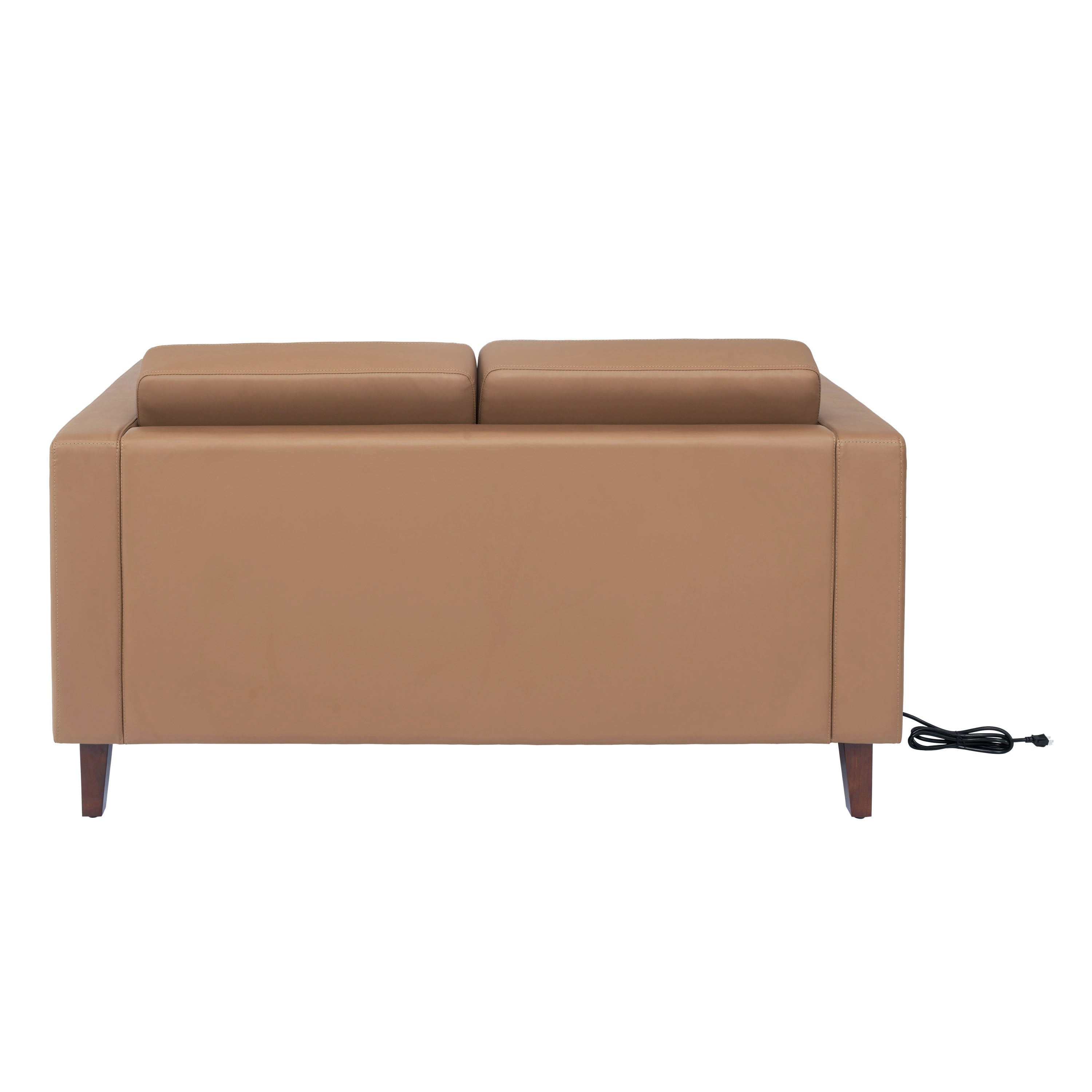 HERCULES Artemis Cognac LeatherSoft Reception Loveseat with 2 AC Outlets/1 USB/1 USB-C Ports and Solid Wood Walnut Legs with Adjustable Floor Glides