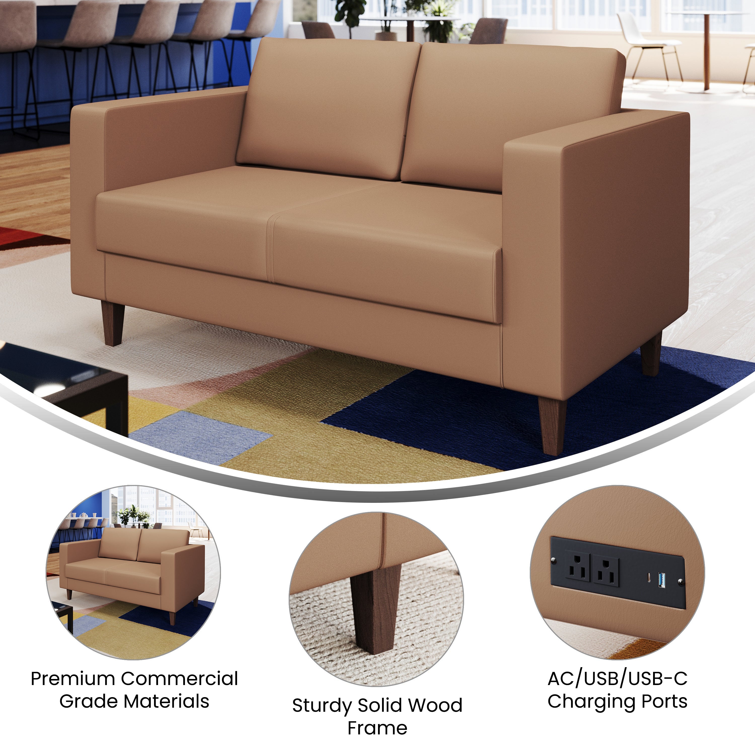 HERCULES Artemis Cognac LeatherSoft Reception Loveseat with 2 AC Outlets/1 USB/1 USB-C Ports and Solid Wood Walnut Legs with Adjustable Floor Glides