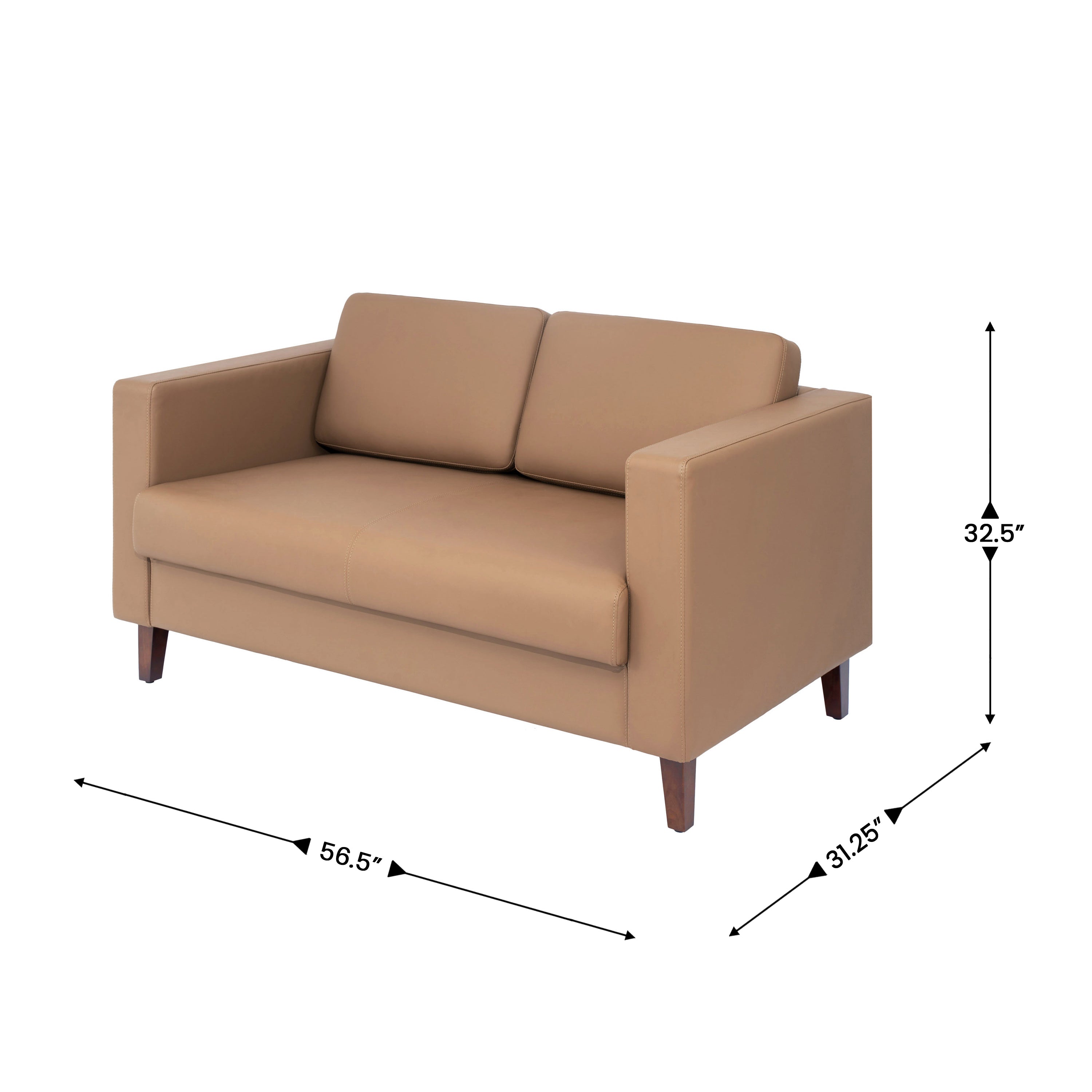 HERCULES Artemis Cognac LeatherSoft Reception Loveseat with 2 AC Outlets/1 USB/1 USB-C Ports and Solid Wood Walnut Legs with Adjustable Floor Glides