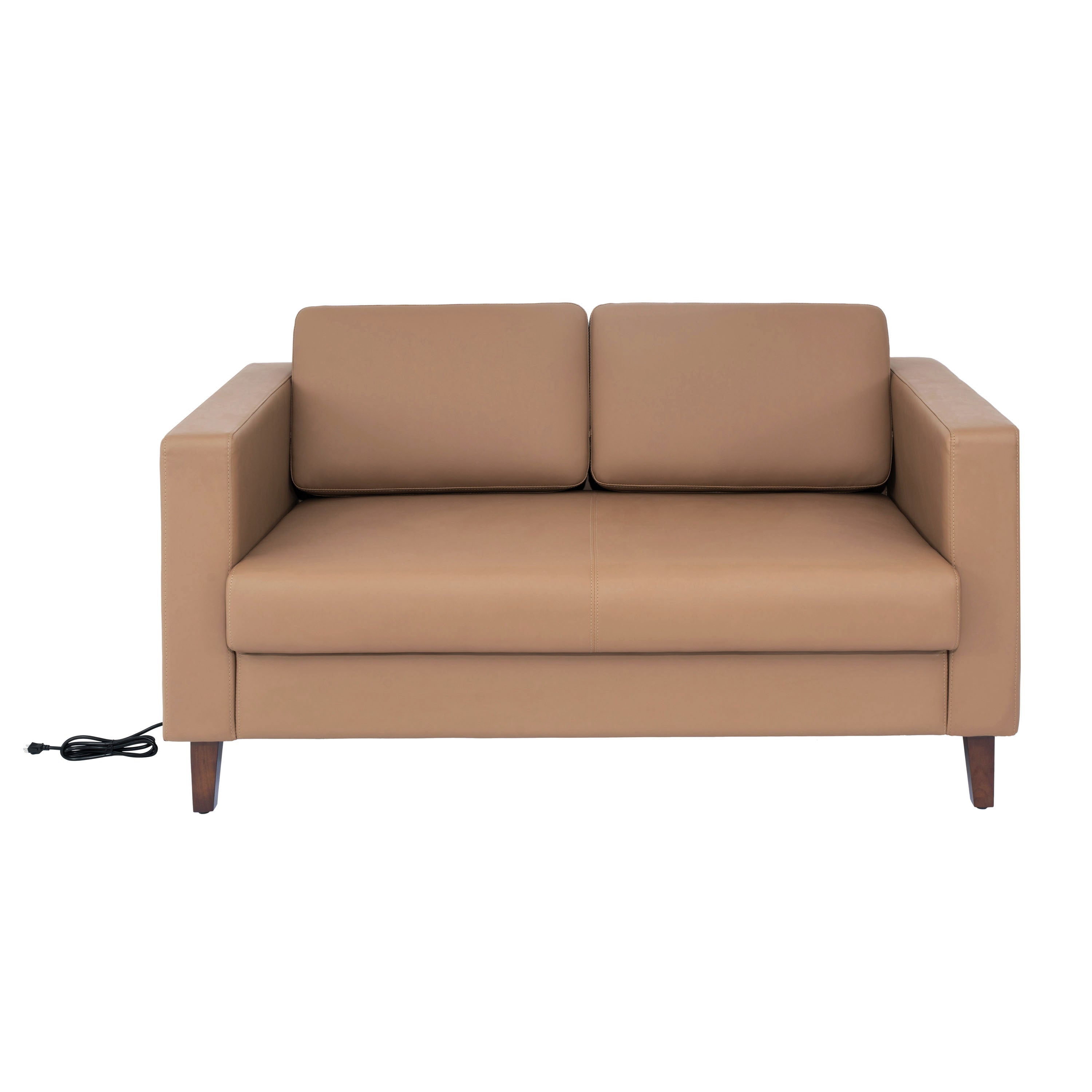 HERCULES Artemis Cognac LeatherSoft Reception Loveseat with 2 AC Outlets/1 USB/1 USB-C Ports and Solid Wood Walnut Legs with Adjustable Floor Glides