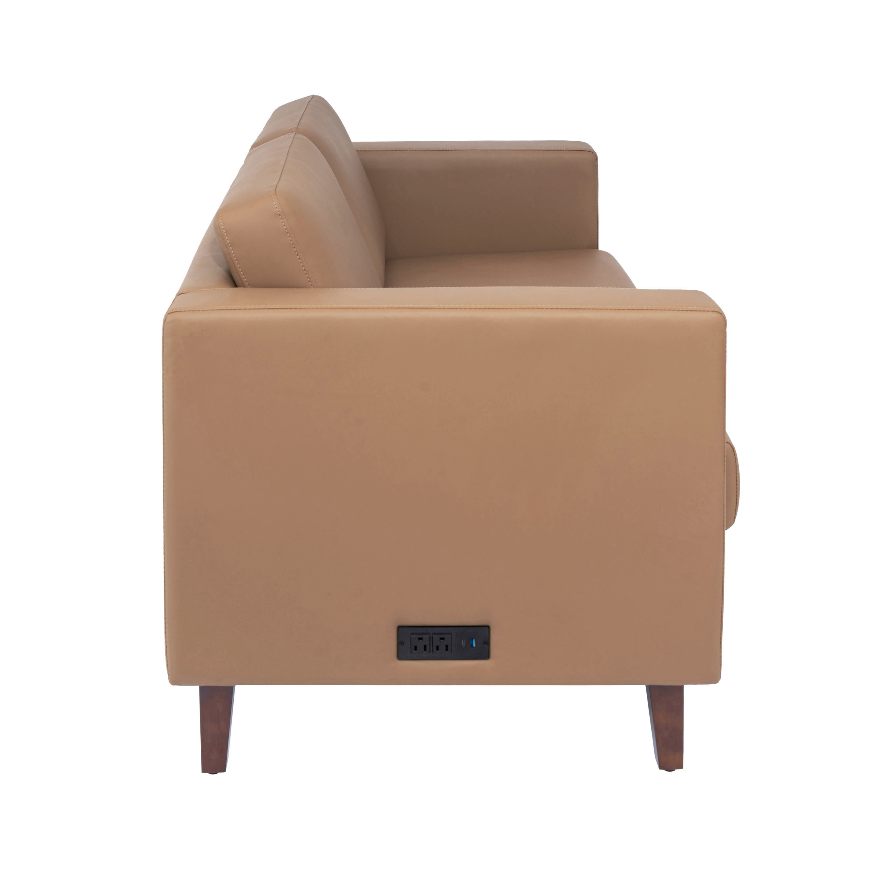 HERCULES Artemis Cognac LeatherSoft Reception Loveseat with 2 AC Outlets/1 USB/1 USB-C Ports and Solid Wood Walnut Legs with Adjustable Floor Glides