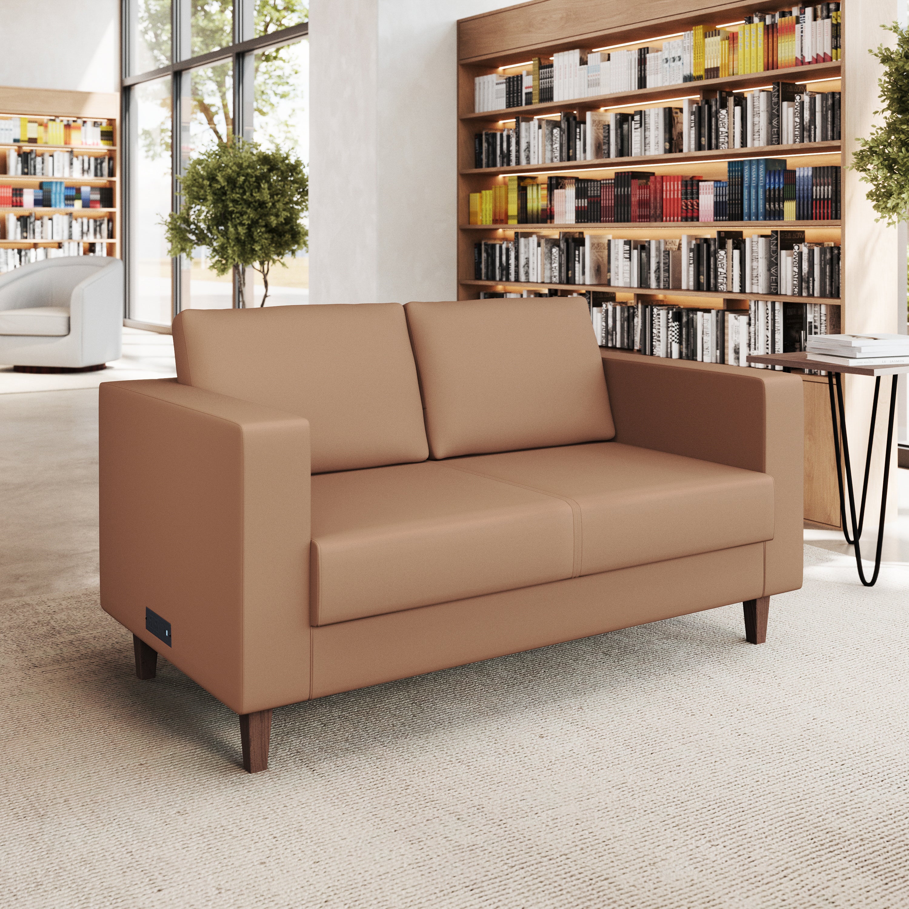 HERCULES Artemis Cognac LeatherSoft Reception Loveseat with 2 AC Outlets/1 USB/1 USB-C Ports and Solid Wood Walnut Legs with Adjustable Floor Glides
