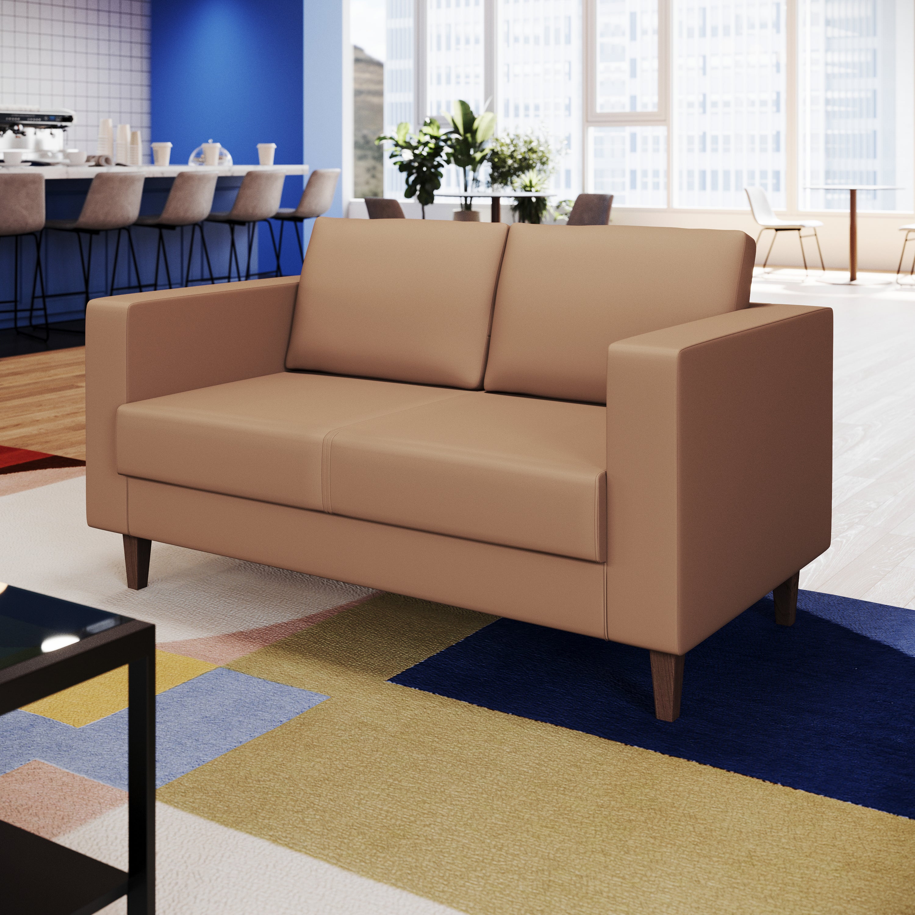 HERCULES Artemis Cognac LeatherSoft Reception Loveseat with 2 AC Outlets/1 USB/1 USB-C Ports and Solid Wood Walnut Legs with Adjustable Floor Glides