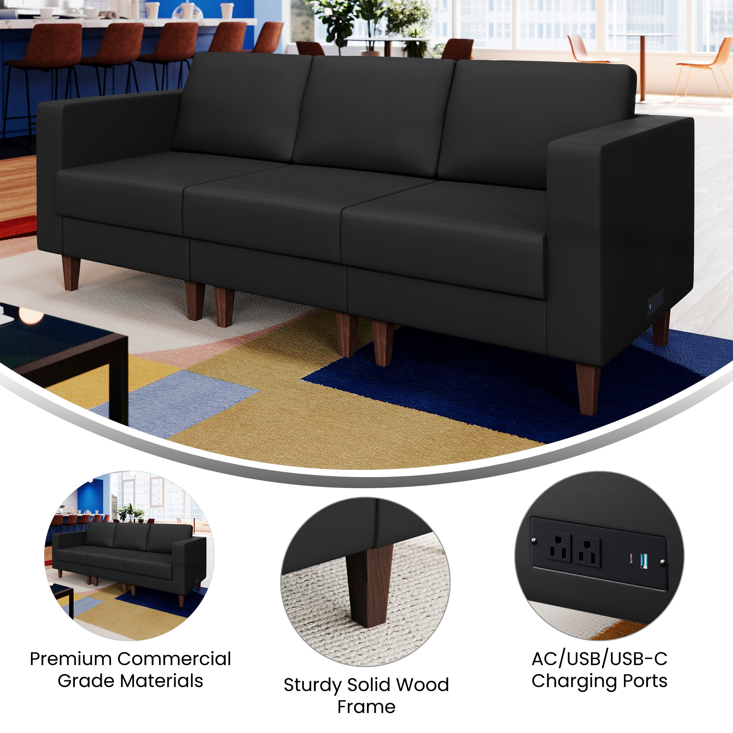 HERCULES Artemis Black LeatherSoft Reception Sofa with 4 AC Outlets/2 USB/2 USB-C Ports and Solid Wood Walnut Legs with Adjustable Floor Glides