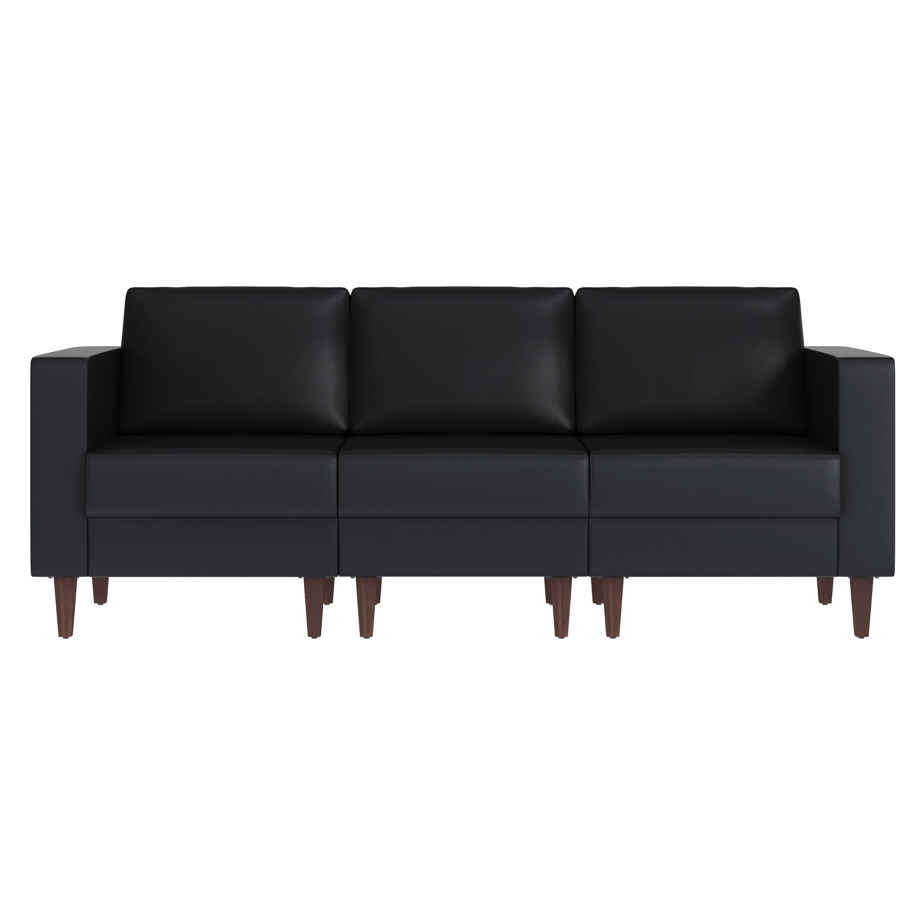 HERCULES Artemis Black LeatherSoft Reception Sofa with 4 AC Outlets/2 USB/2 USB-C Ports and Solid Wood Walnut Legs with Adjustable Floor Glides