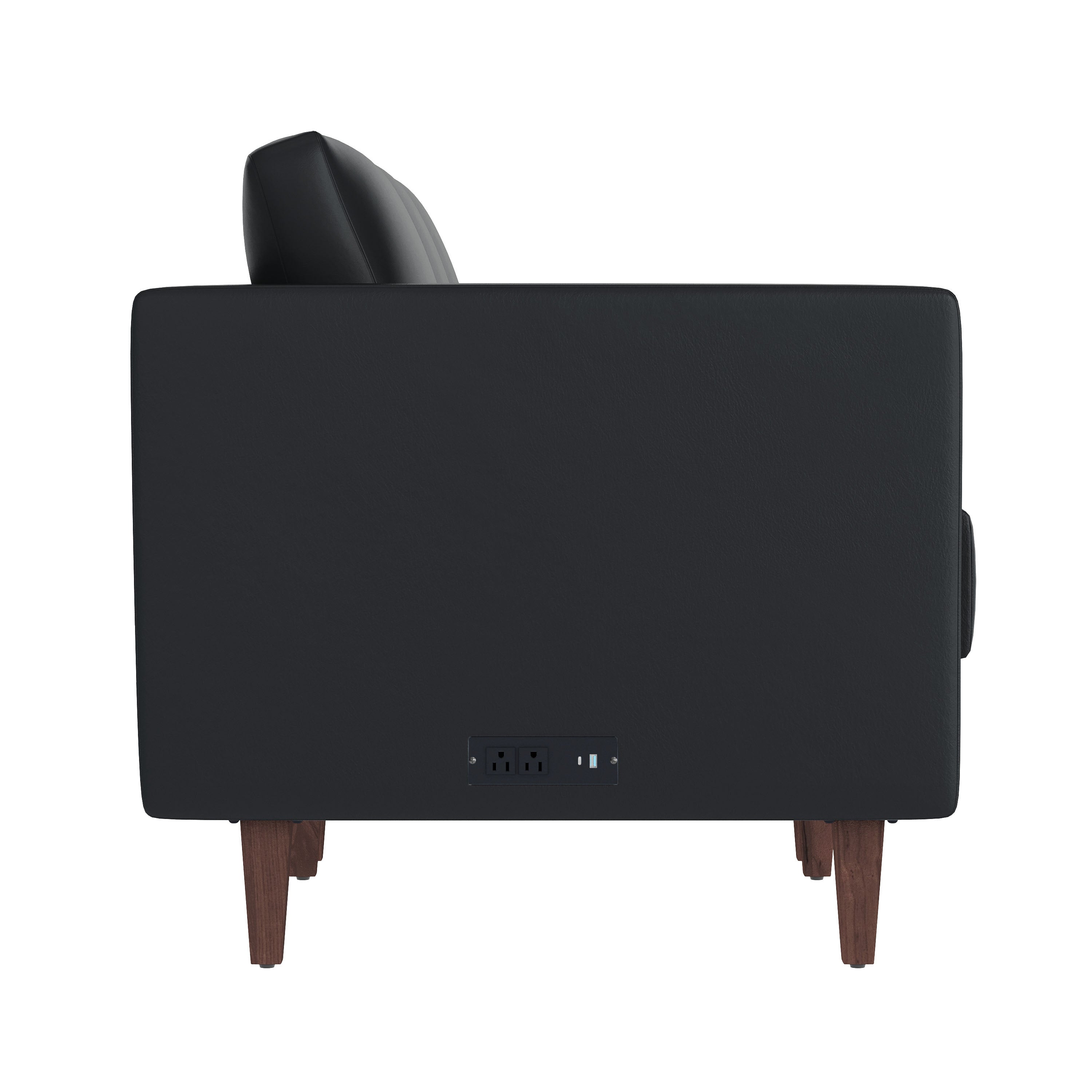 HERCULES Artemis Black LeatherSoft Reception Sofa with 4 AC Outlets/2 USB/2 USB-C Ports and Solid Wood Walnut Legs with Adjustable Floor Glides