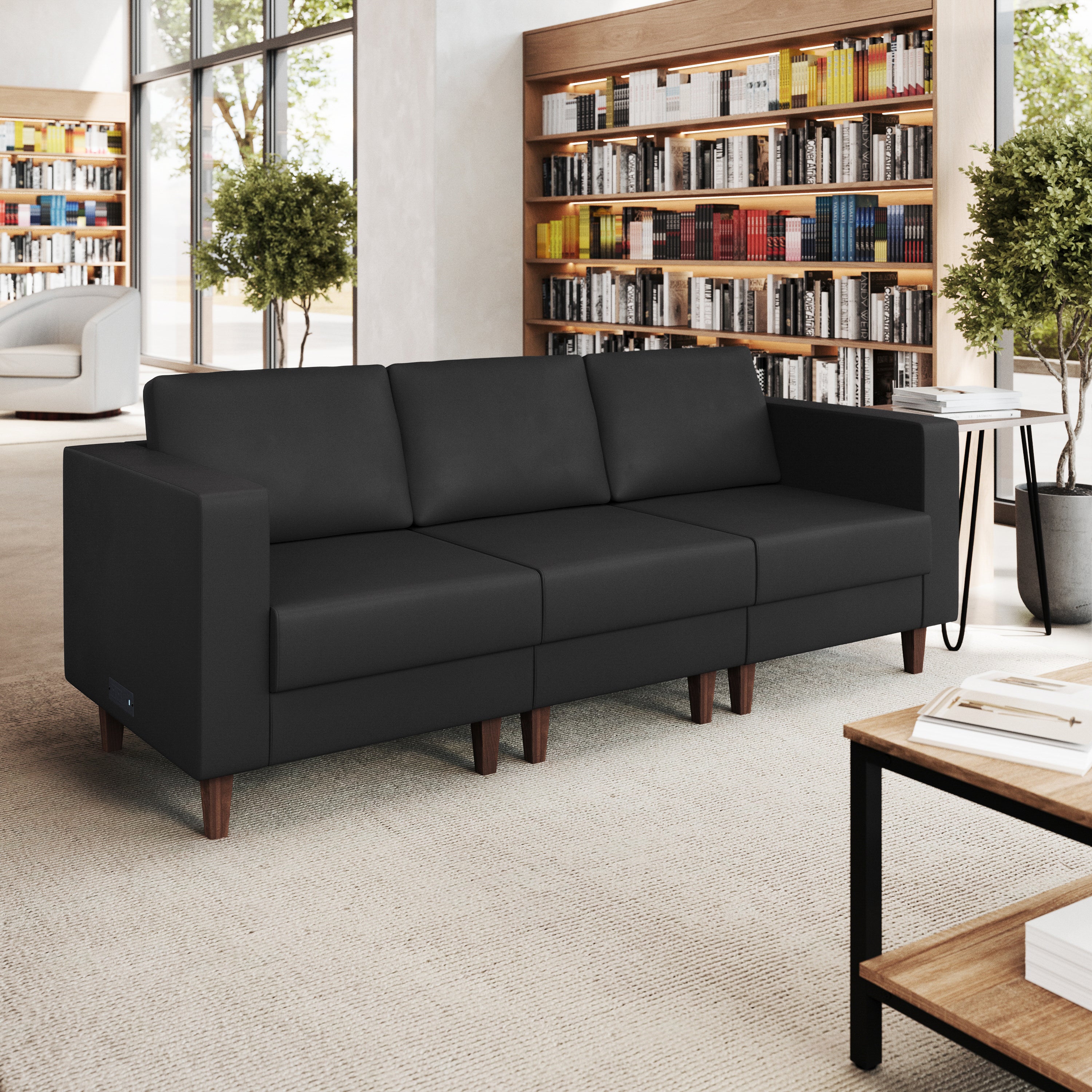 HERCULES Artemis Black LeatherSoft Reception Sofa with 4 AC Outlets/2 USB/2 USB-C Ports and Solid Wood Walnut Legs with Adjustable Floor Glides