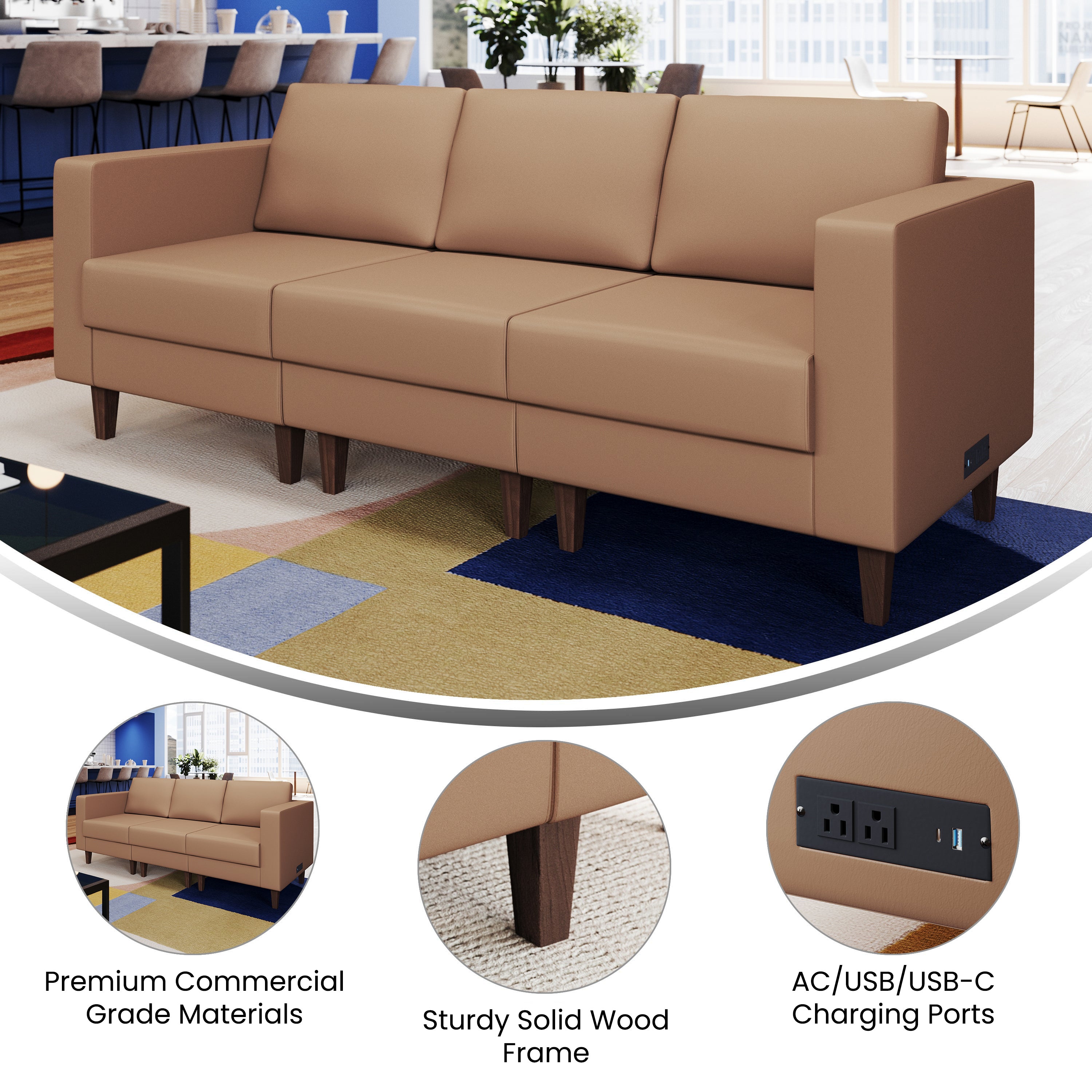 HERCULES Artemis Cognac LeatherSoft Reception Sofa with 4 AC Outlets/2 USB/2 USB-C Ports and Solid Wood Walnut Legs with Adjustable Floor Glides