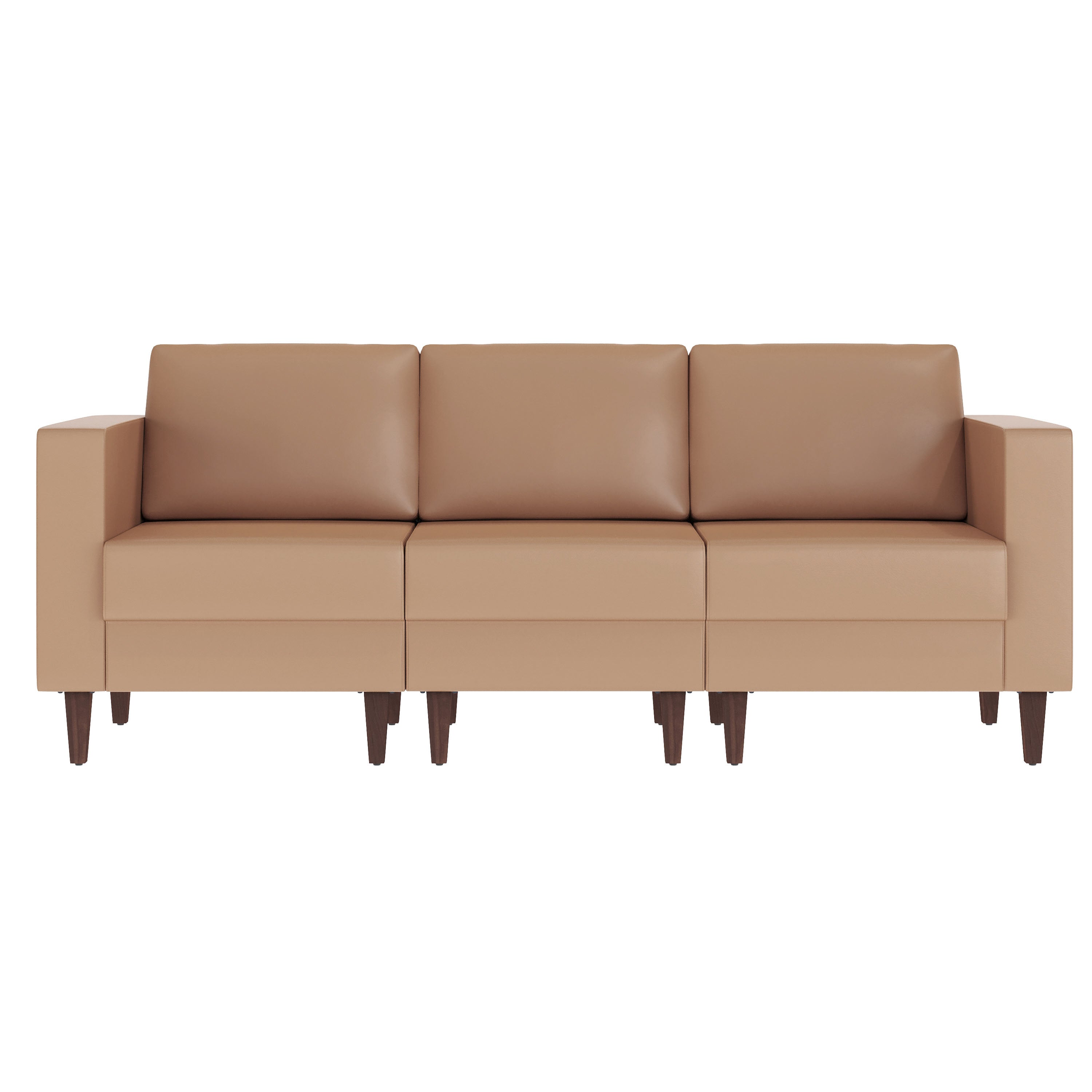 HERCULES Artemis Cognac LeatherSoft Reception Sofa with 4 AC Outlets/2 USB/2 USB-C Ports and Solid Wood Walnut Legs with Adjustable Floor Glides