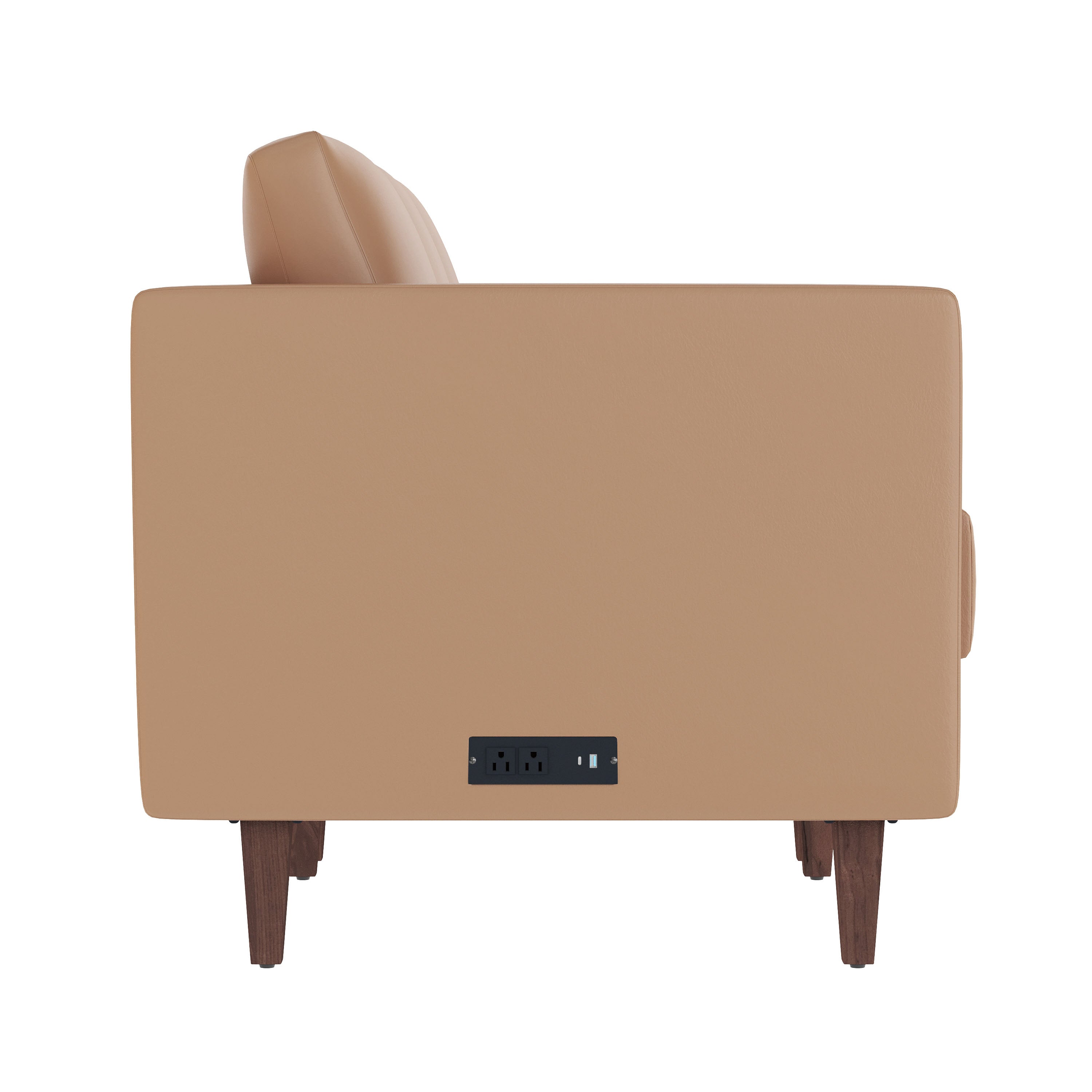 HERCULES Artemis Cognac LeatherSoft Reception Sofa with 4 AC Outlets/2 USB/2 USB-C Ports and Solid Wood Walnut Legs with Adjustable Floor Glides