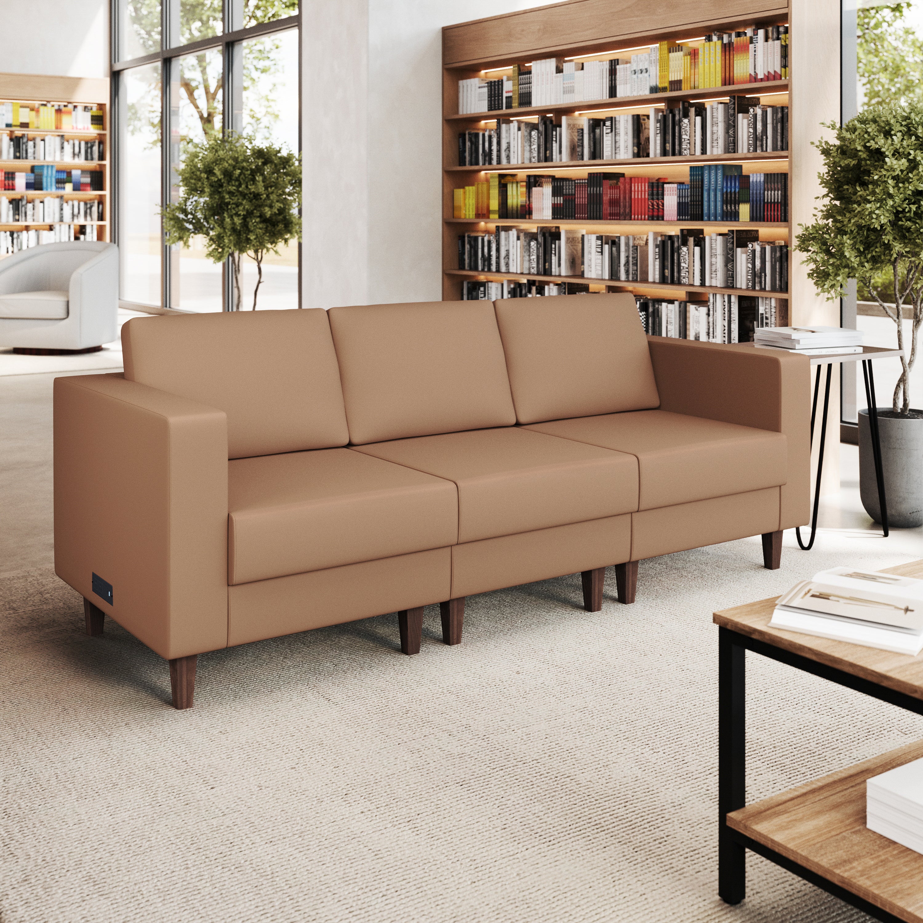 HERCULES Artemis Cognac LeatherSoft Reception Sofa with 4 AC Outlets/2 USB/2 USB-C Ports and Solid Wood Walnut Legs with Adjustable Floor Glides