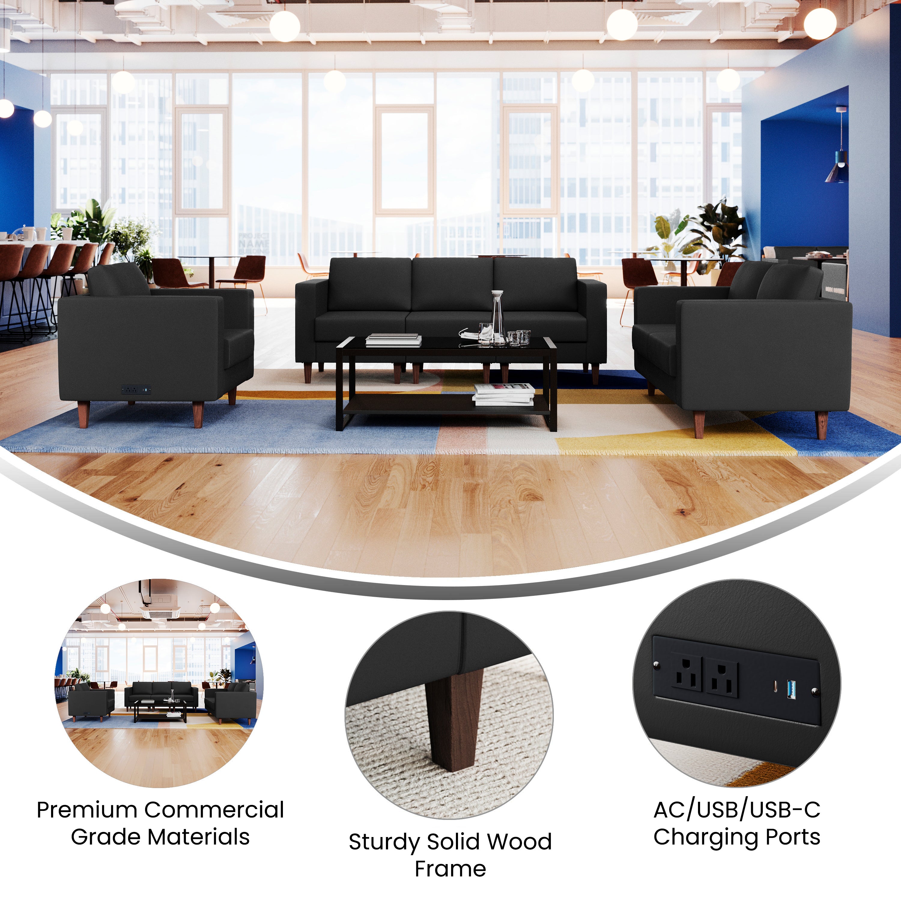HERCULES Artemis 3 Piece Black LeatherSoft Reception Set, 8 AC Outlets/4 USB/4 USB-C Ports and Solid Walnut Wood Legs with Adjustable Floor Glides