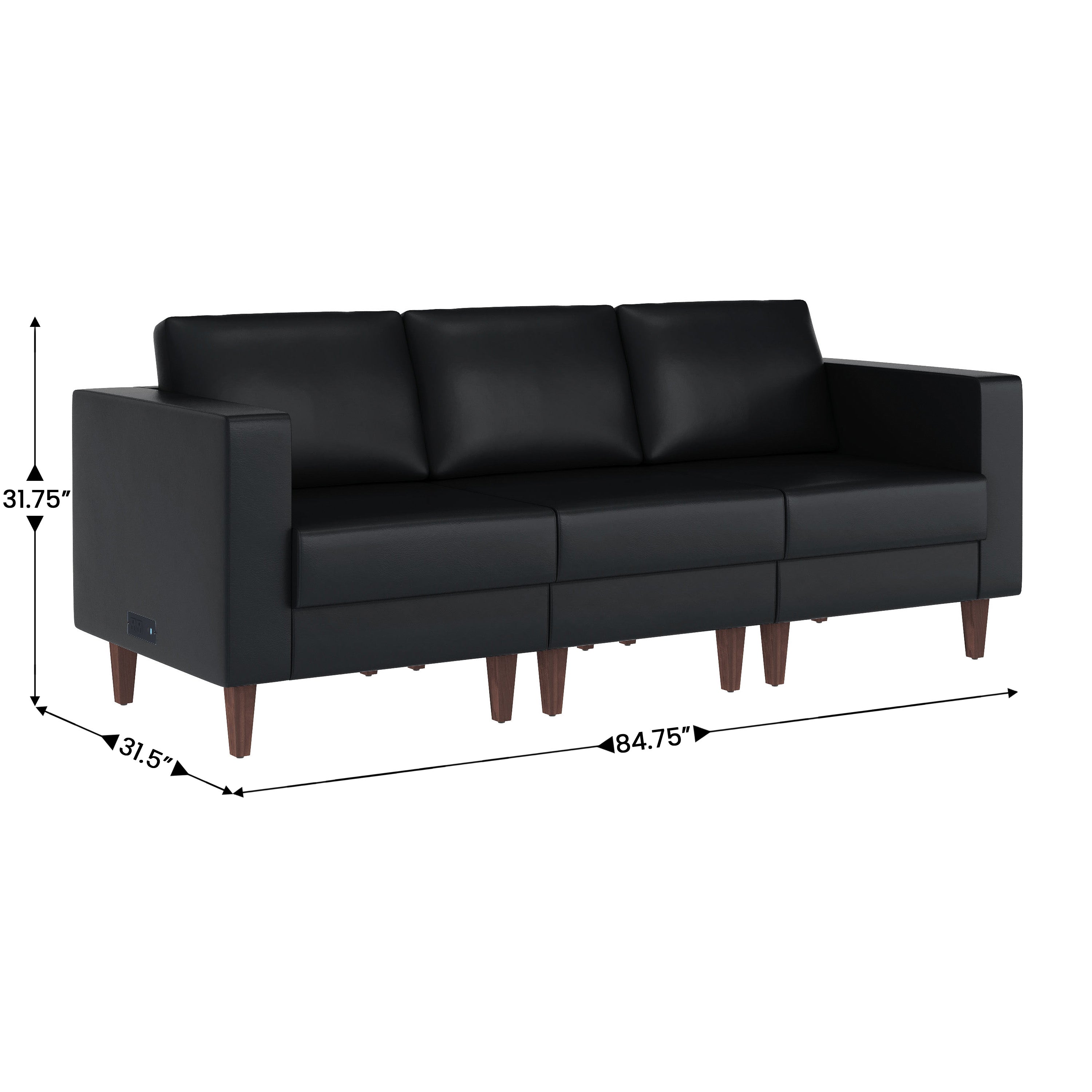 HERCULES Artemis 3 Piece Black LeatherSoft Reception Set, 8 AC Outlets/4 USB/4 USB-C Ports and Solid Walnut Wood Legs with Adjustable Floor Glides