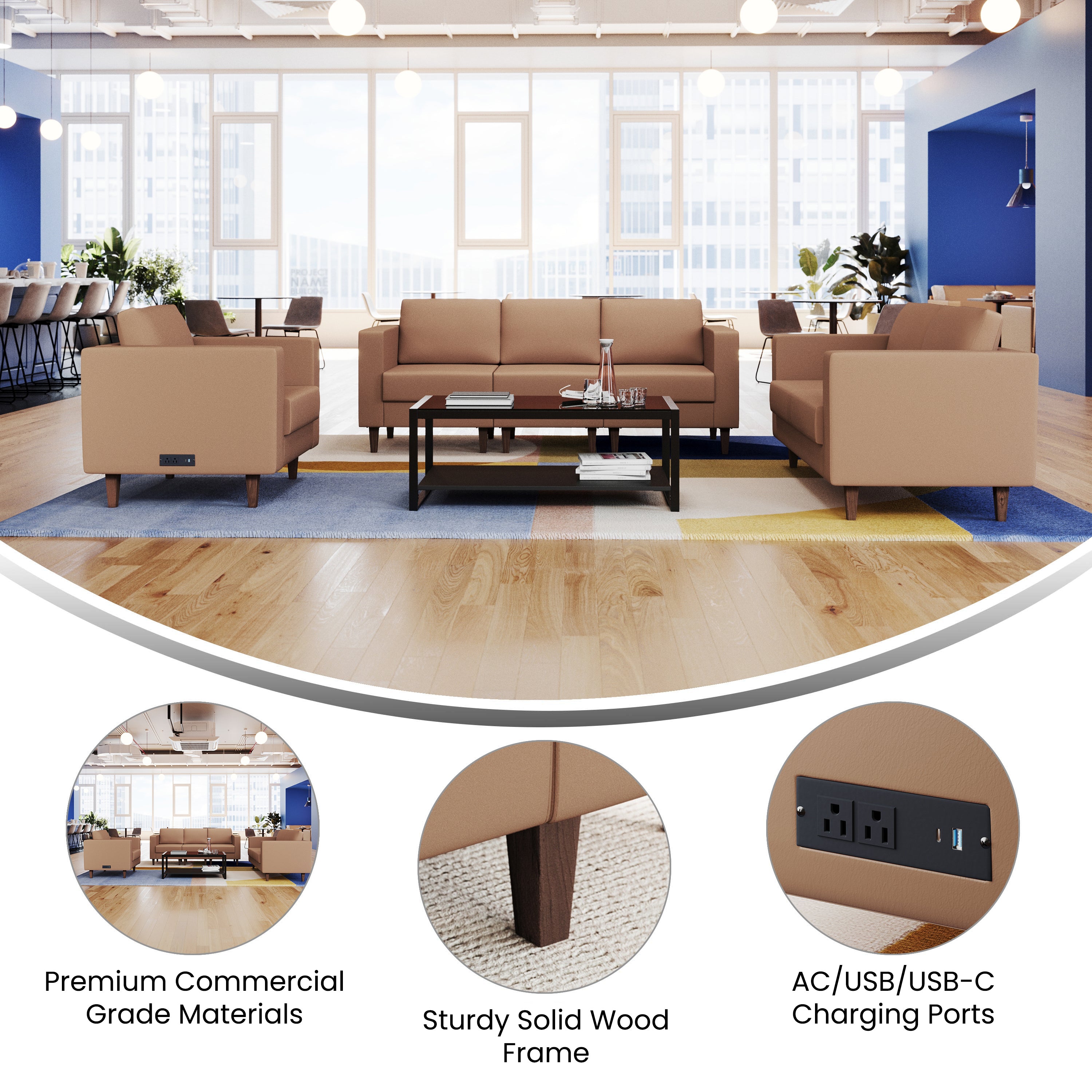 HERCULES Artemis 3 Piece Cognac LeatherSoft Reception Set, 8 AC Outlets/4 USB/4 USB-C Ports and Solid Walnut Wood Legs with Adjustable Floor Glides