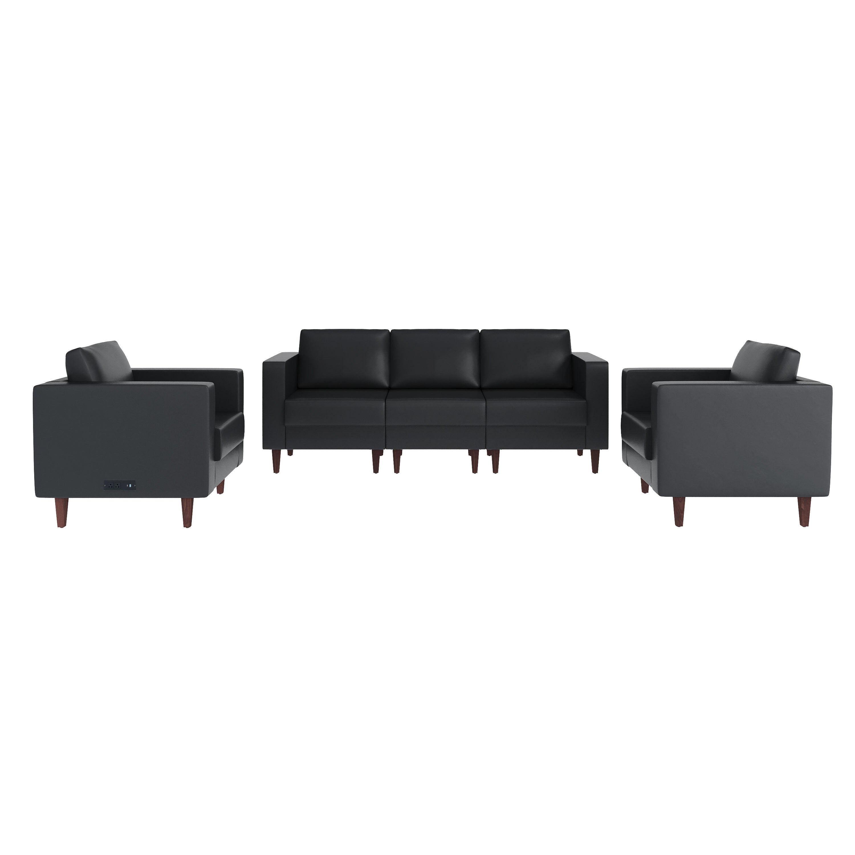HERCULES Artemis 3 Piece Black LeatherSoft Sofa and 2 Chair Set, 8 AC Outlets/4 USB/4 USB-C Ports, Solid Wood Walnut Legs with Adjustable Glides