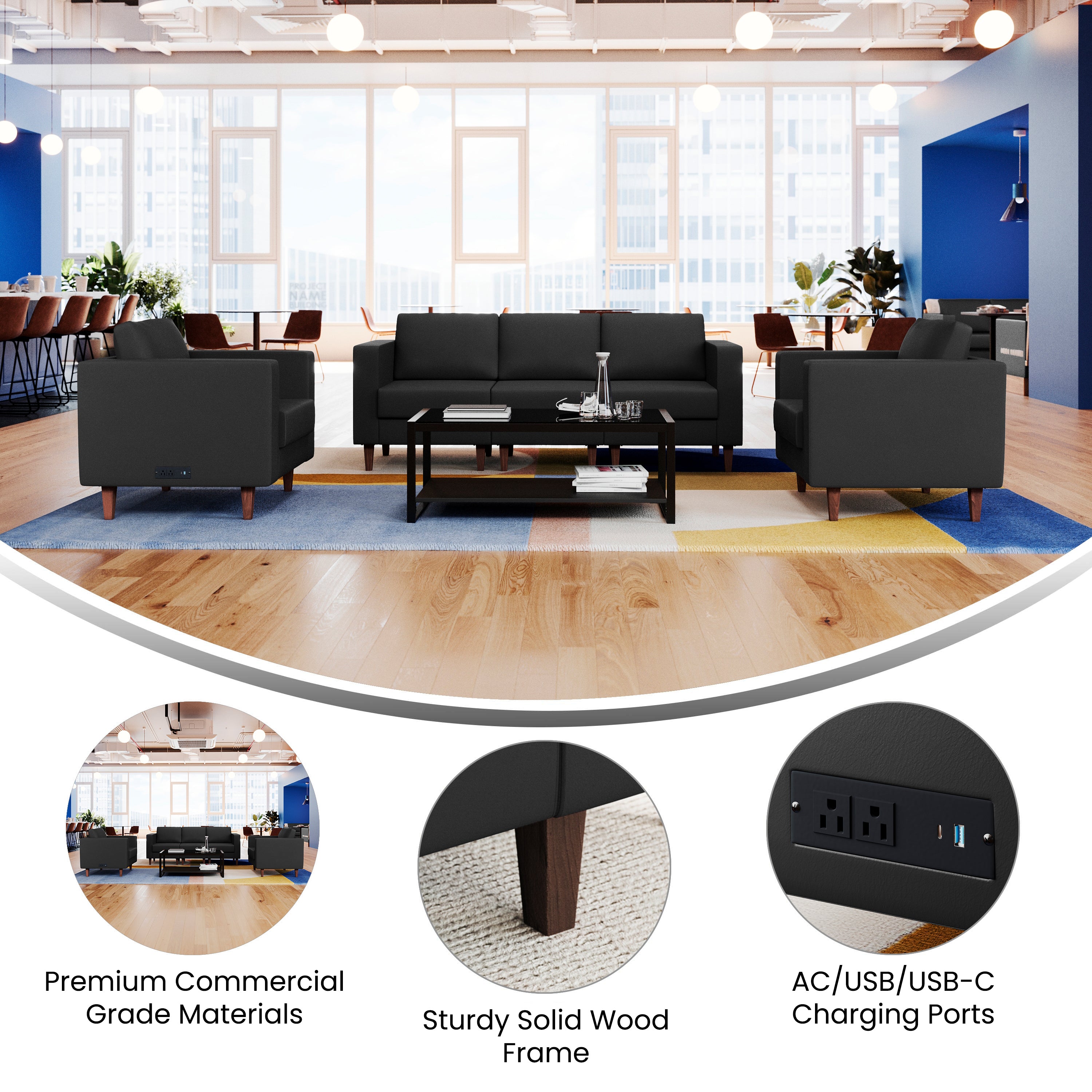 HERCULES Artemis 3 Piece Black LeatherSoft Sofa and 2 Chair Set, 8 AC Outlets/4 USB/4 USB-C Ports, Solid Wood Walnut Legs with Adjustable Glides