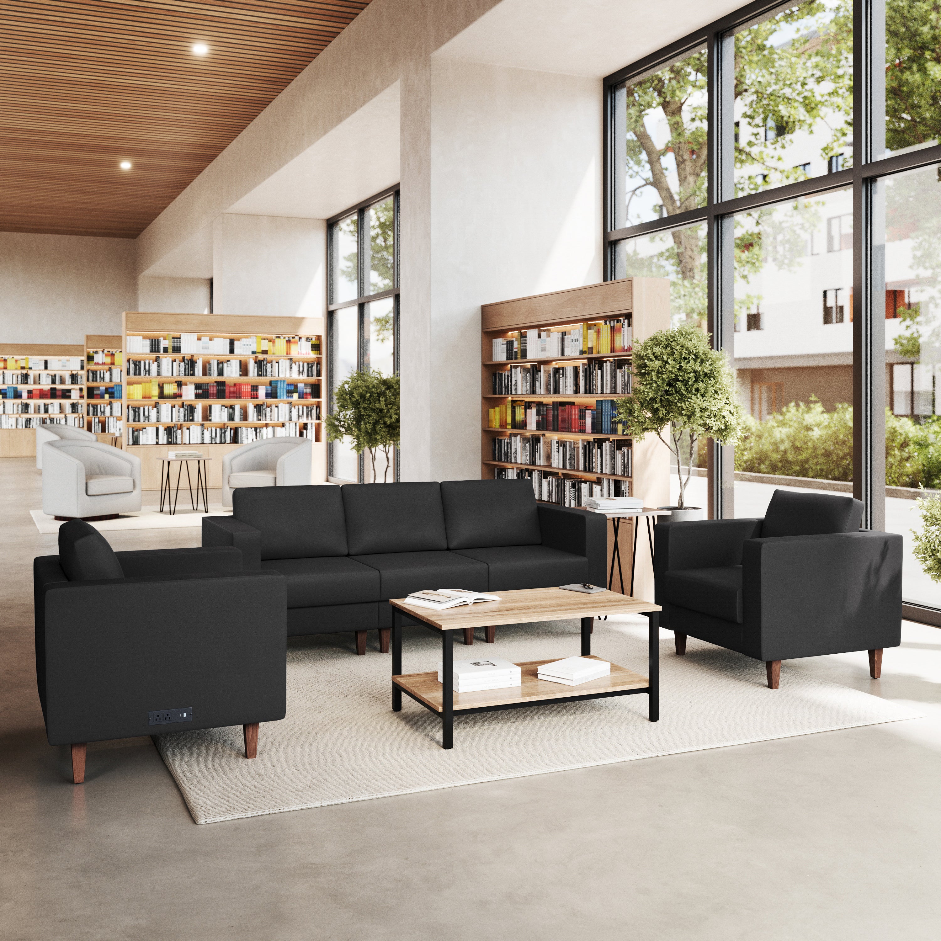 HERCULES Artemis 3 Piece Black LeatherSoft Sofa and 2 Chair Set, 8 AC Outlets/4 USB/4 USB-C Ports, Solid Wood Walnut Legs with Adjustable Glides