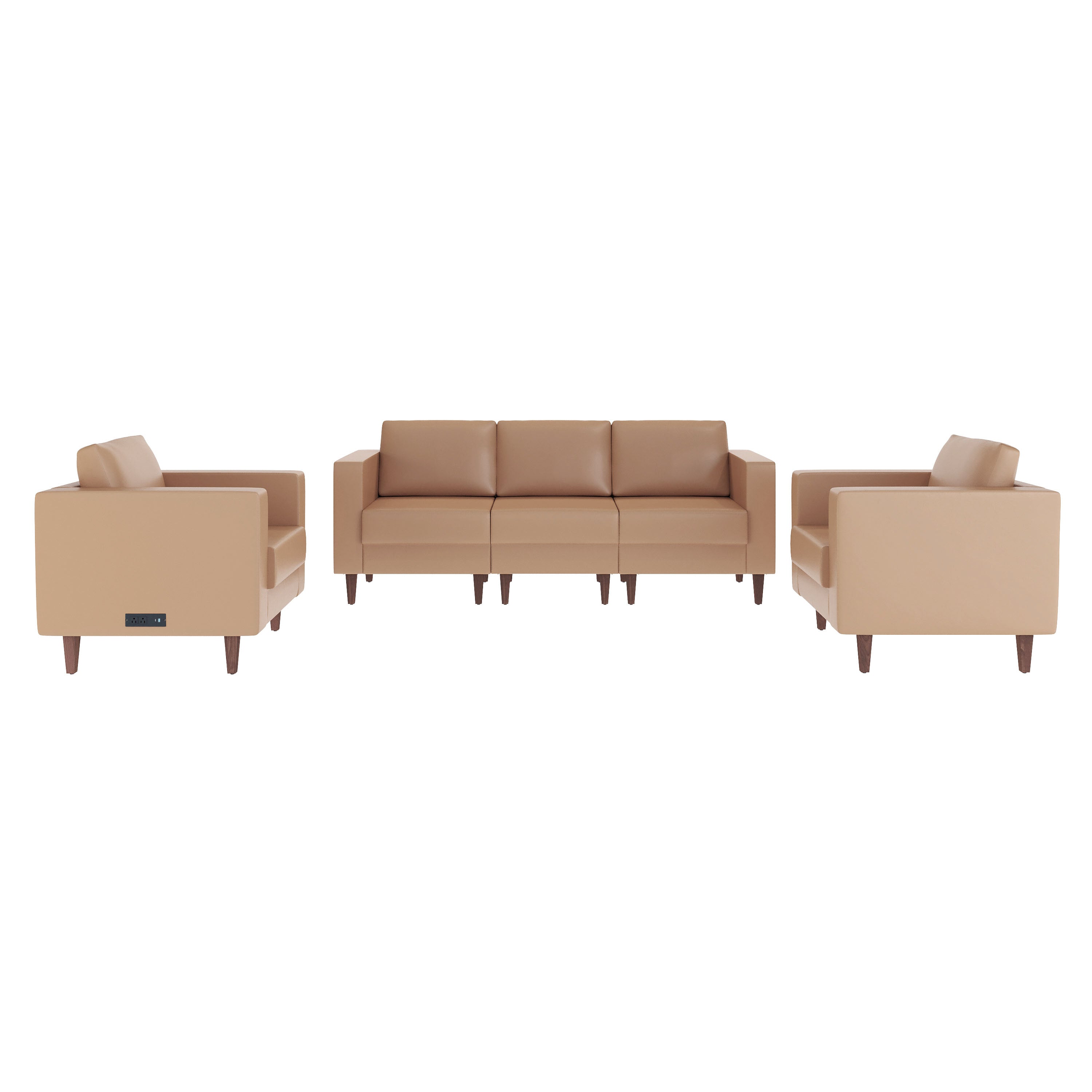 HERCULES Artemis 3 Piece Cognac LeatherSoft Sofa and 2 Chair Set, 8 AC Outlets/4 USB/4 USB-C Ports, Solid Wood Walnut Legs with Adjustable Glides