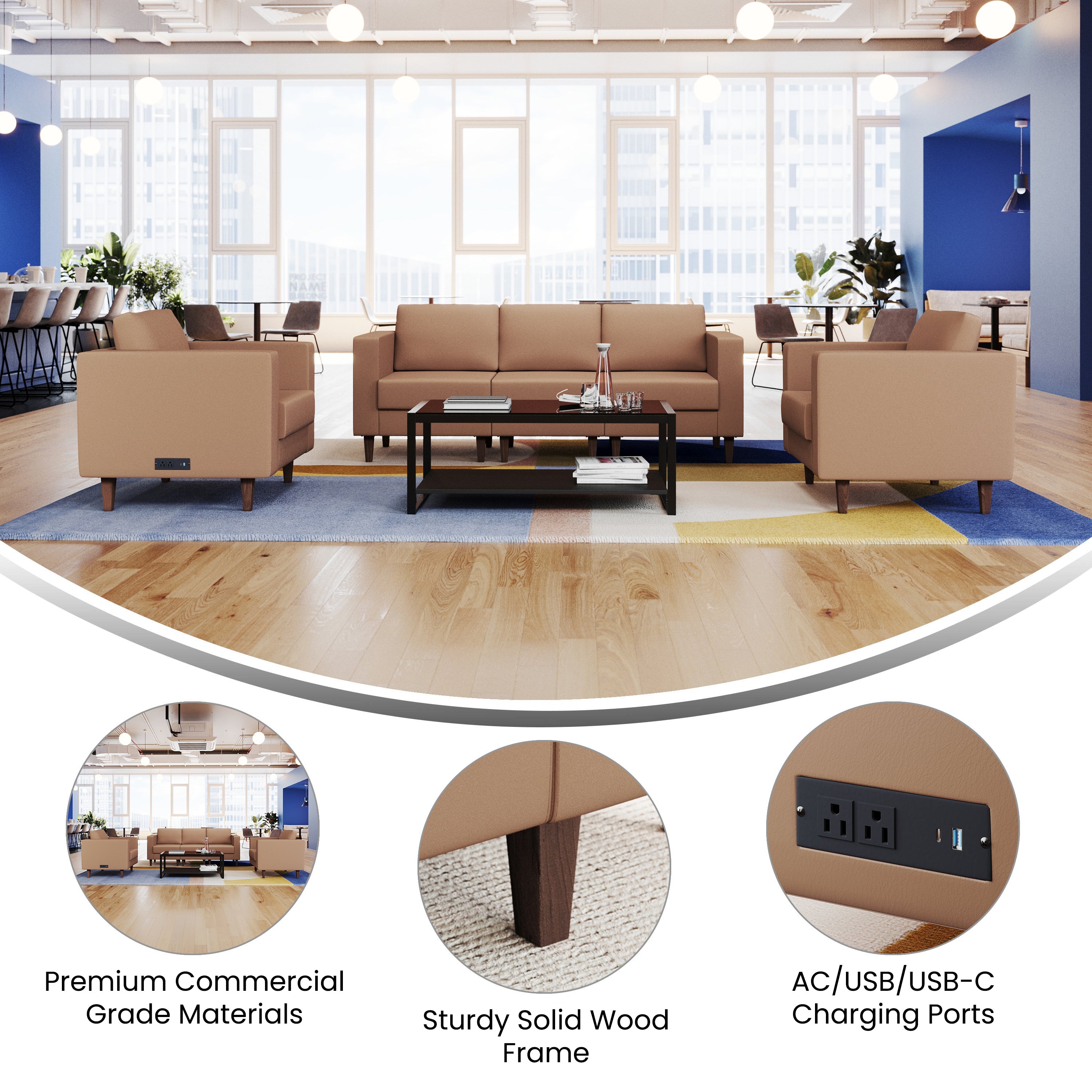 HERCULES Artemis 3 Piece Cognac LeatherSoft Sofa and 2 Chair Set, 8 AC Outlets/4 USB/4 USB-C Ports, Solid Wood Walnut Legs with Adjustable Glides