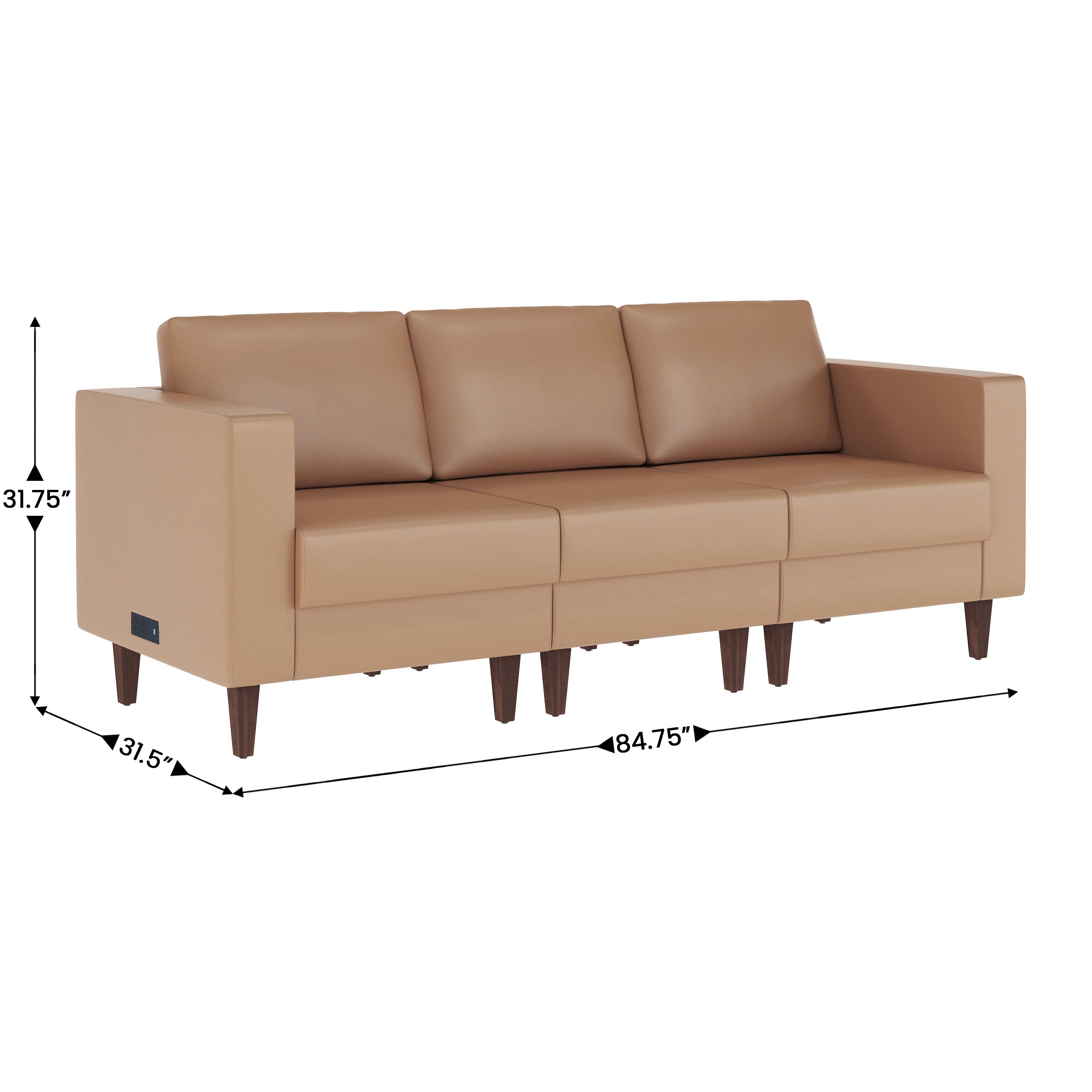 HERCULES Artemis 3 Piece Cognac LeatherSoft Sofa and 2 Chair Set, 8 AC Outlets/4 USB/4 USB-C Ports, Solid Wood Walnut Legs with Adjustable Glides