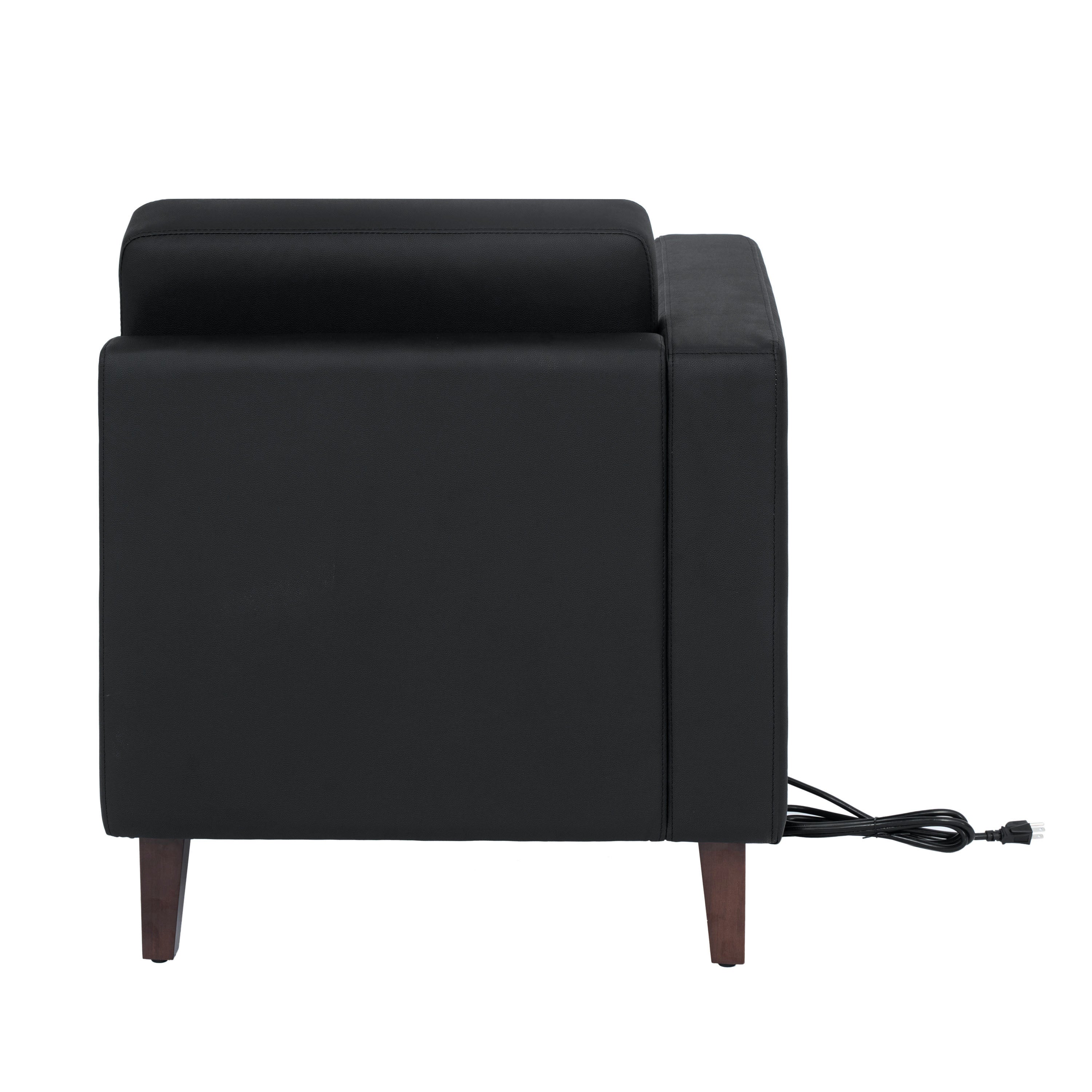 HERCULES Artemis Black LeatherSoft Left Arm Reception Chair, 2 AC Outlets/1 USB/1 USB-C Ports and Wooden Walnut Legs with Adjustable Floor Glides