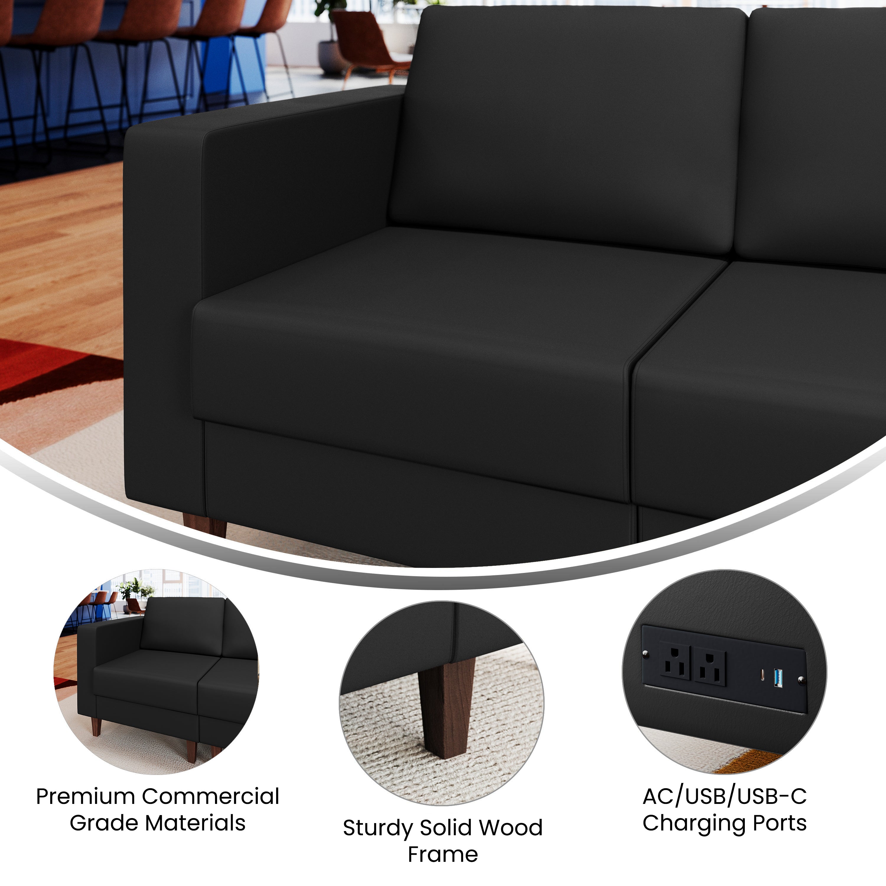 HERCULES Artemis Black LeatherSoft Left Arm Reception Chair, 2 AC Outlets/1 USB/1 USB-C Ports and Wooden Walnut Legs with Adjustable Floor Glides