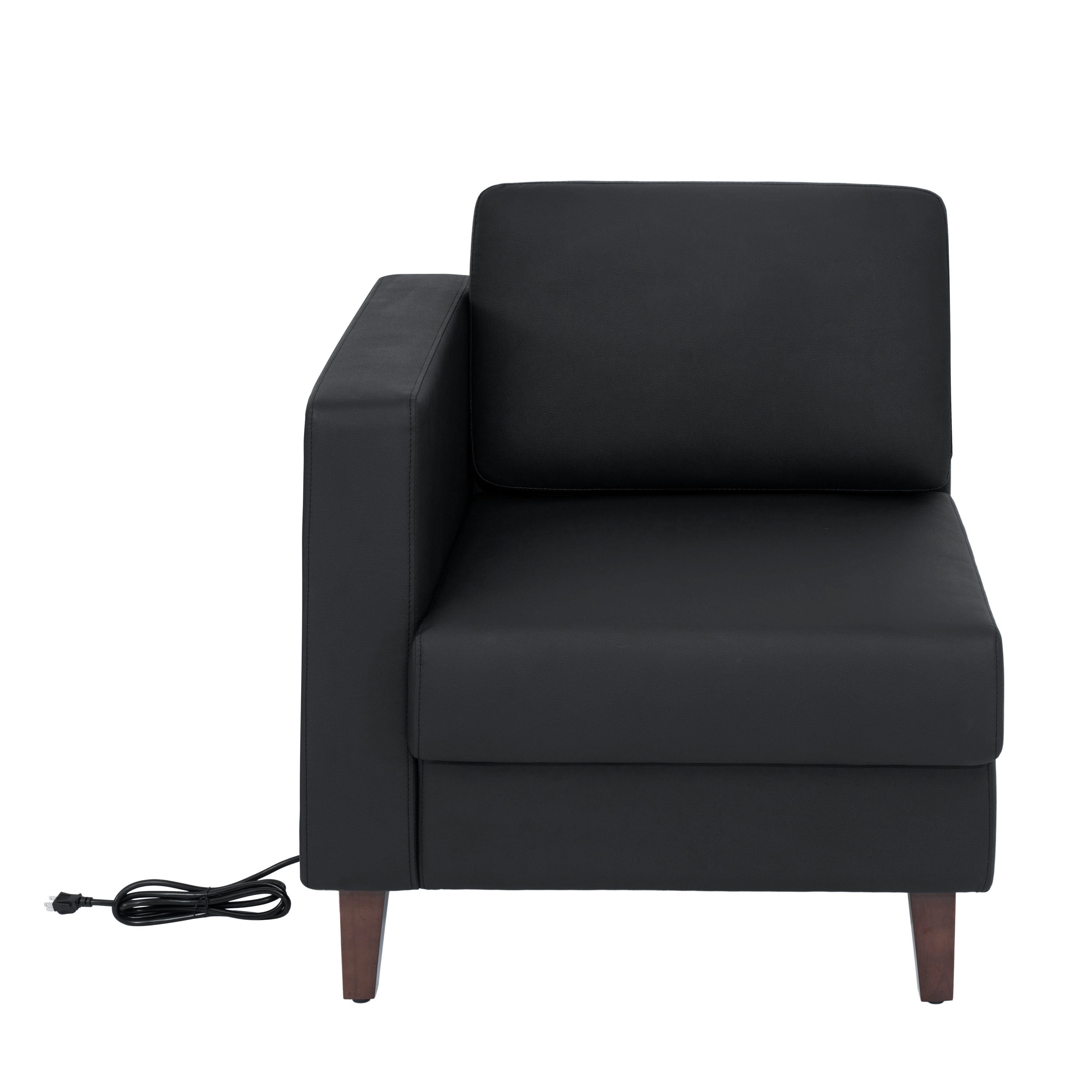 HERCULES Artemis Black LeatherSoft Left Arm Reception Chair, 2 AC Outlets/1 USB/1 USB-C Ports and Wooden Walnut Legs with Adjustable Floor Glides