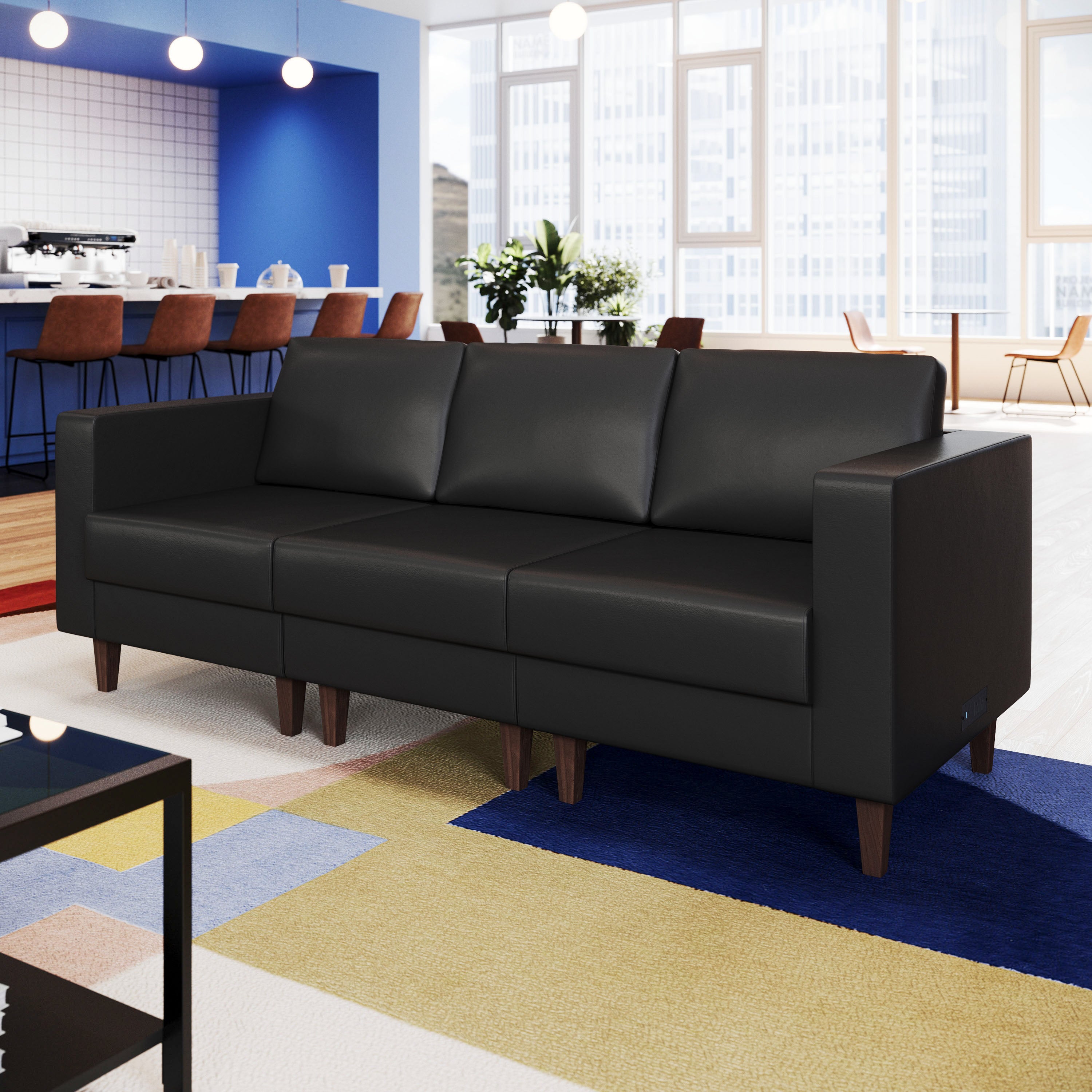 HERCULES Artemis Black LeatherSoft Left Arm Reception Chair, 2 AC Outlets/1 USB/1 USB-C Ports and Wooden Walnut Legs with Adjustable Floor Glides