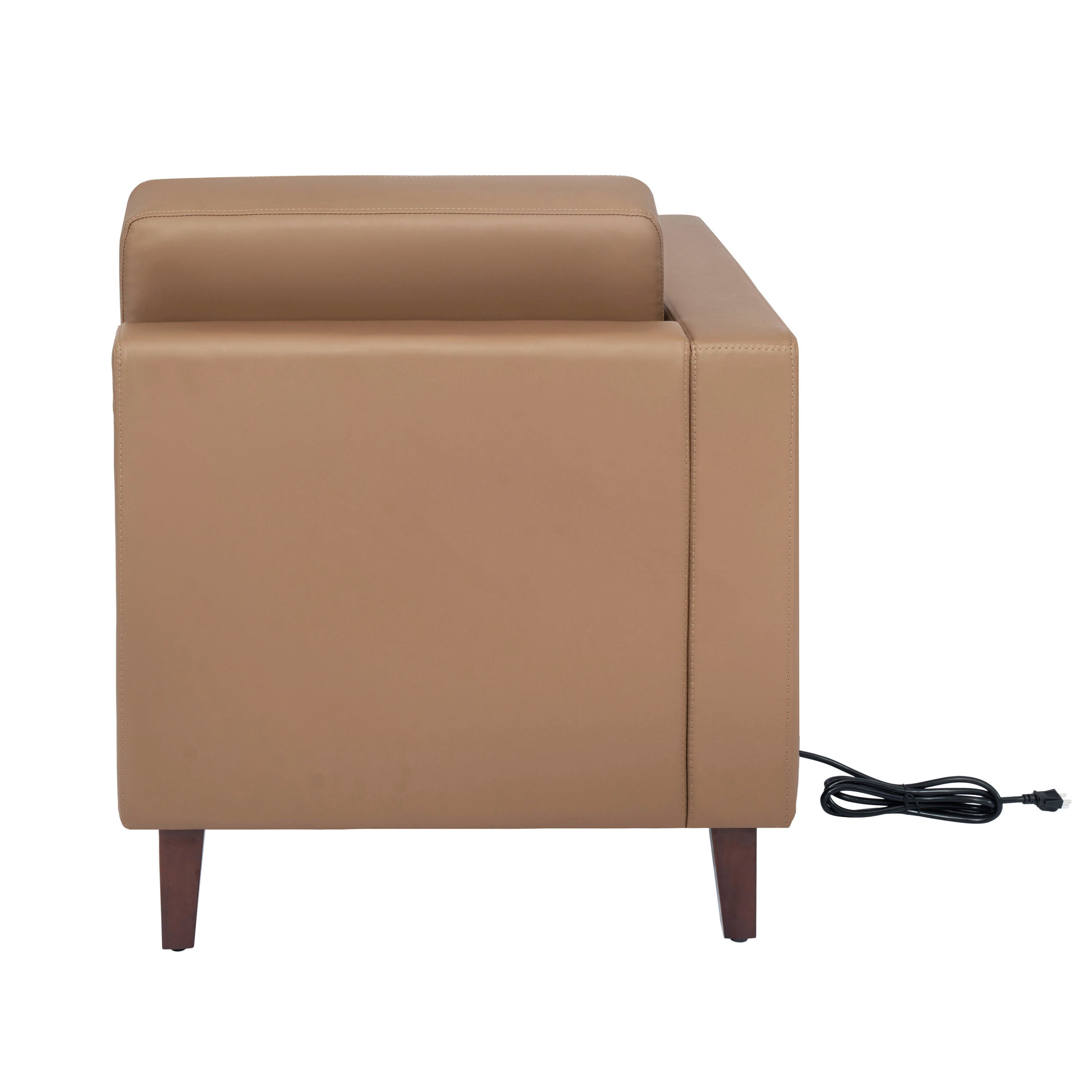 HERCULES Artemis Cognac LeatherSoft Left Arm Reception Chair, 2 AC Outlets/1 USB/1 USB-C Ports and Wooden Walnut Legs with Adjustable Floor Glides