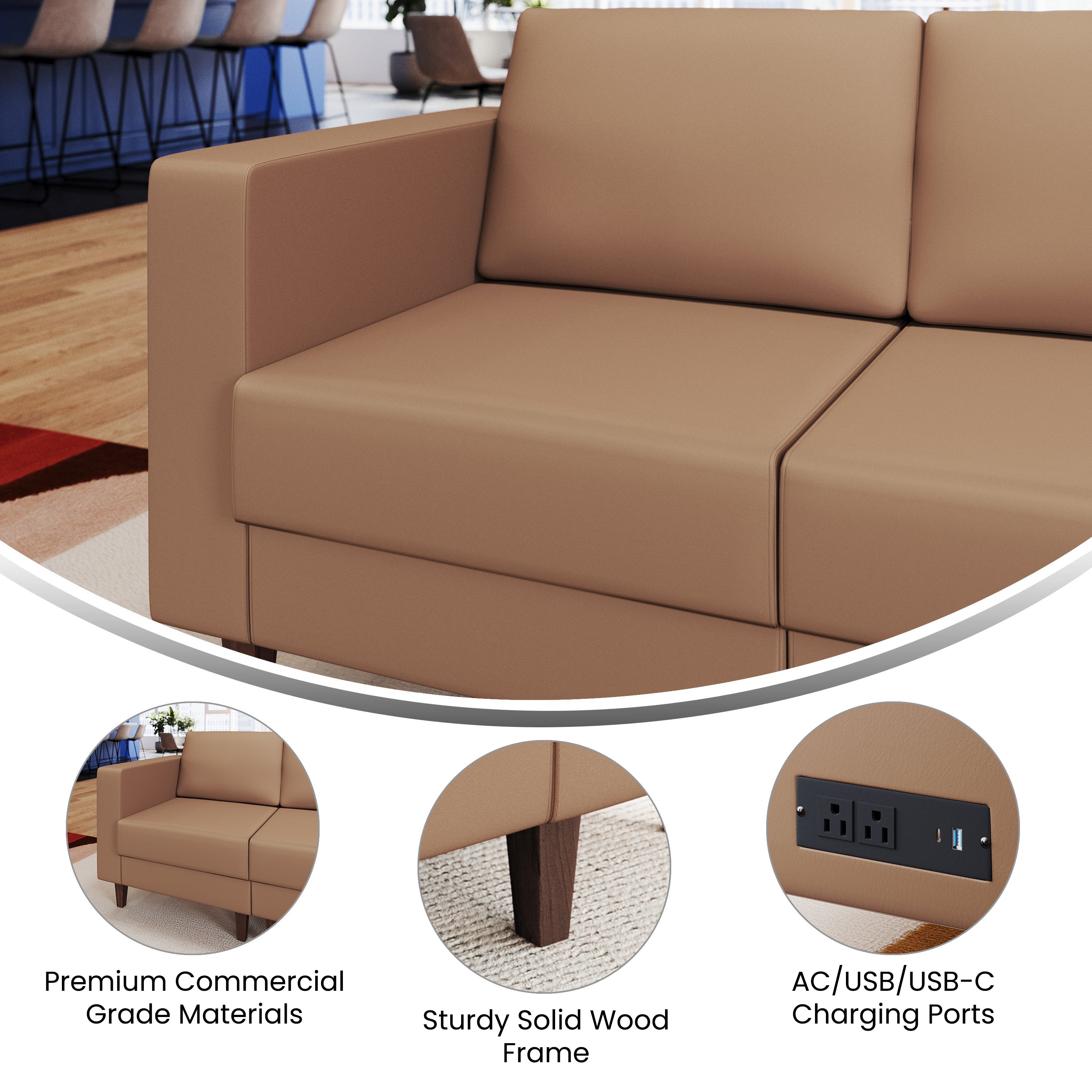 HERCULES Artemis Cognac LeatherSoft Left Arm Reception Chair, 2 AC Outlets/1 USB/1 USB-C Ports and Wooden Walnut Legs with Adjustable Floor Glides