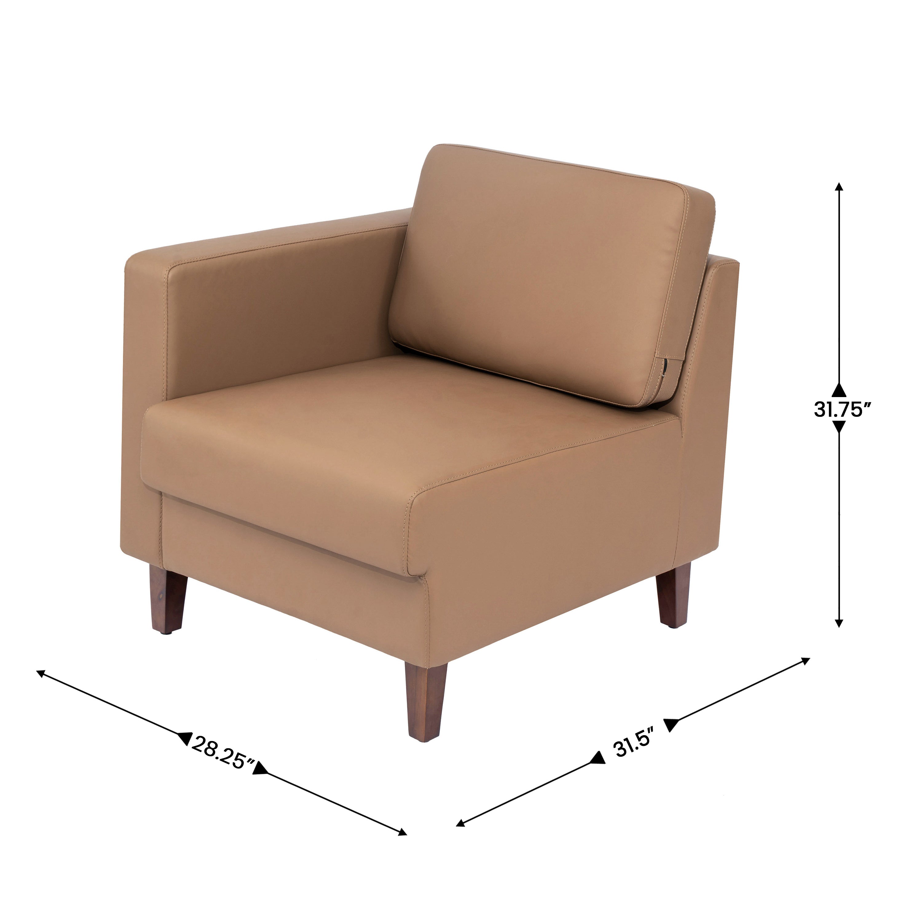 HERCULES Artemis Cognac LeatherSoft Left Arm Reception Chair, 2 AC Outlets/1 USB/1 USB-C Ports and Wooden Walnut Legs with Adjustable Floor Glides