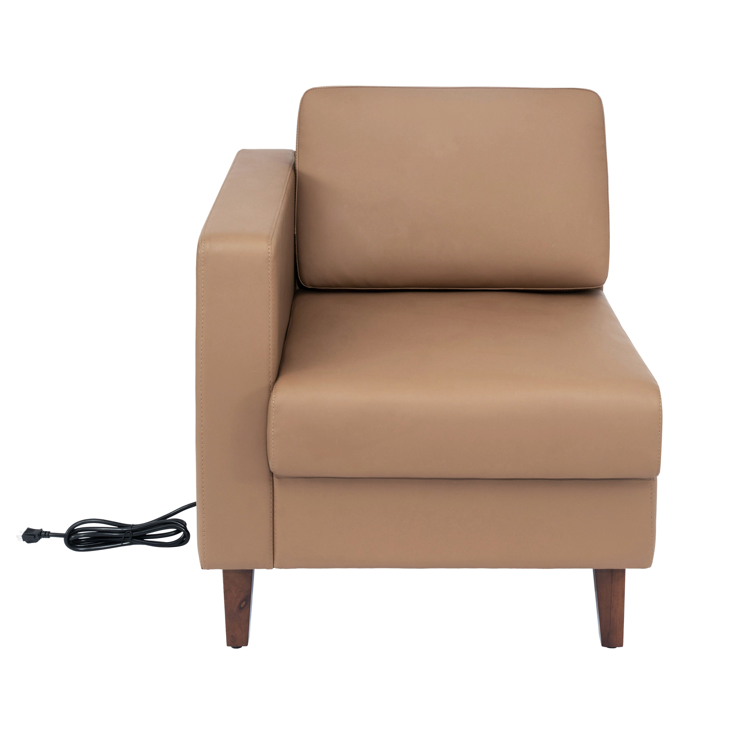HERCULES Artemis Cognac LeatherSoft Left Arm Reception Chair, 2 AC Outlets/1 USB/1 USB-C Ports and Wooden Walnut Legs with Adjustable Floor Glides
