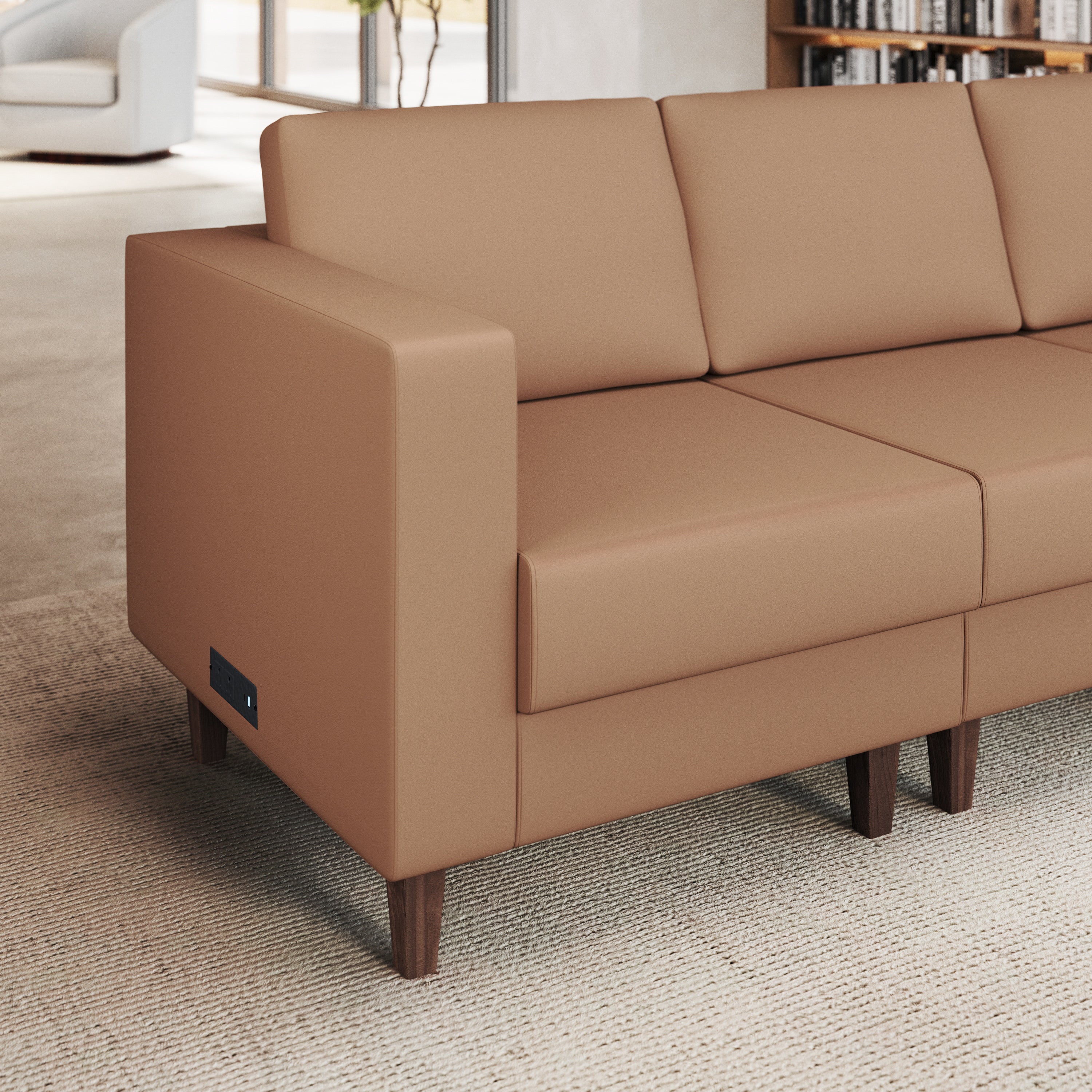 HERCULES Artemis Cognac LeatherSoft Left Arm Reception Chair, 2 AC Outlets/1 USB/1 USB-C Ports and Wooden Walnut Legs with Adjustable Floor Glides