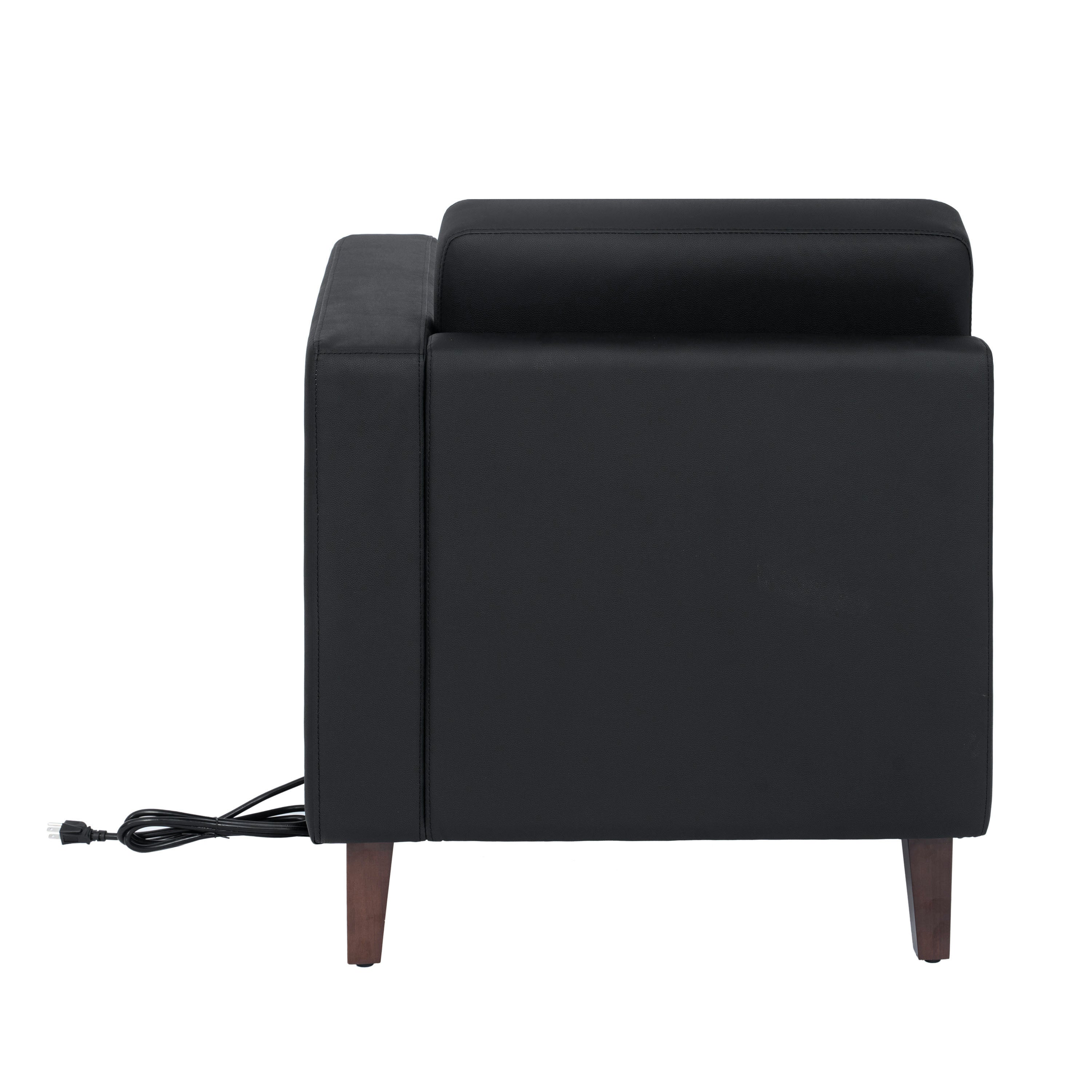 HERCULES Artemis Black LeatherSoft Right Arm Reception Chair, 2 AC Outlets/1 USB/1 USB-C Ports and Wooden Walnut Legs with Adjustable Floor Glides