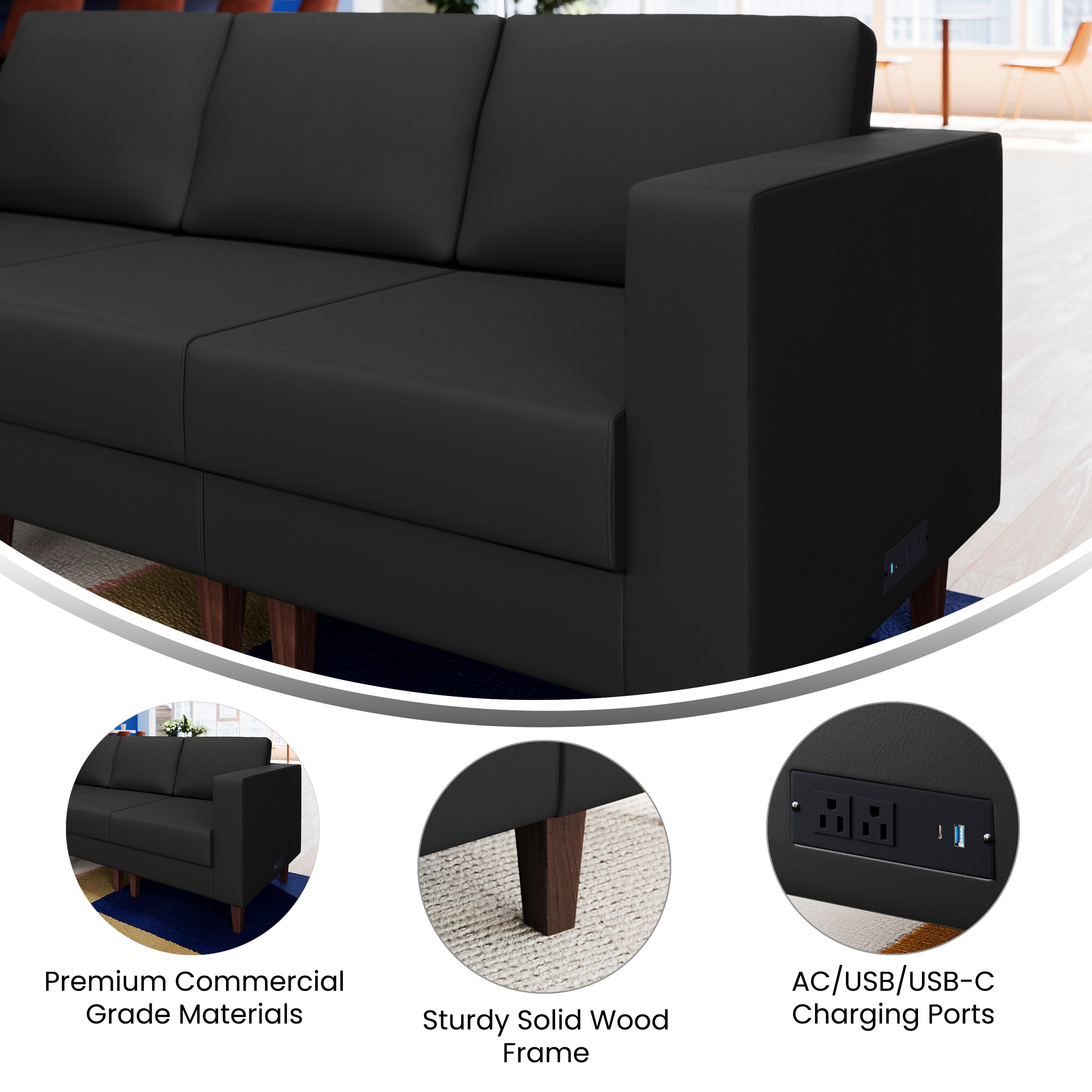 HERCULES Artemis Black LeatherSoft Right Arm Reception Chair, 2 AC Outlets/1 USB/1 USB-C Ports and Wooden Walnut Legs with Adjustable Floor Glides