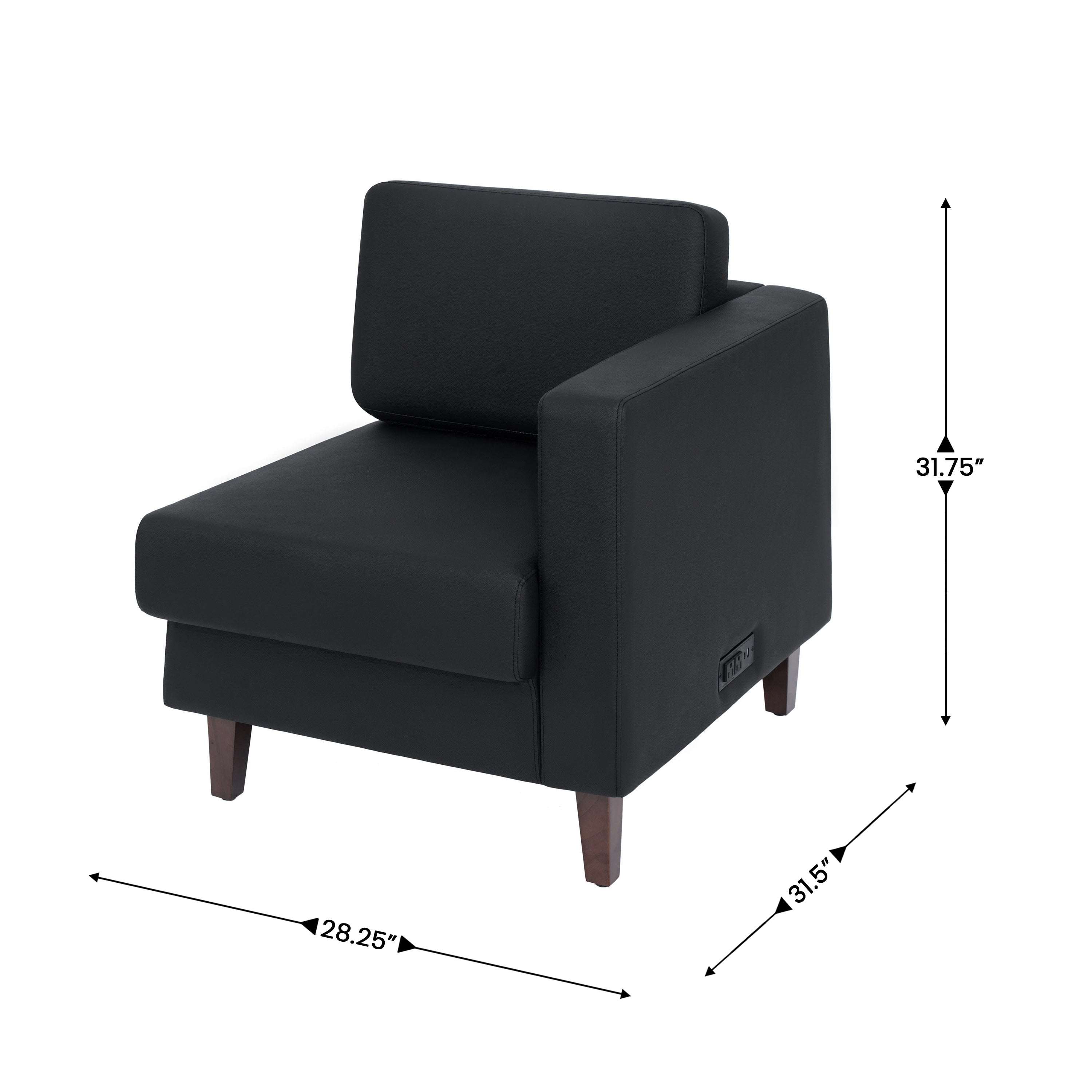 HERCULES Artemis Black LeatherSoft Right Arm Reception Chair, 2 AC Outlets/1 USB/1 USB-C Ports and Wooden Walnut Legs with Adjustable Floor Glides