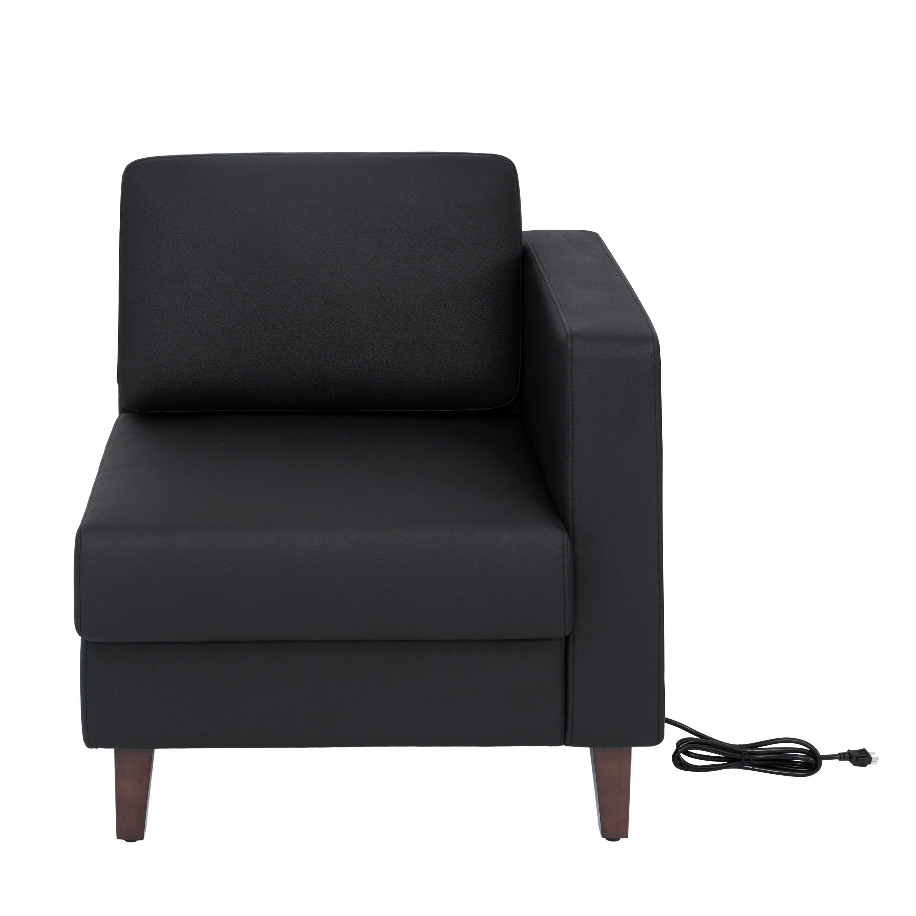 HERCULES Artemis Black LeatherSoft Right Arm Reception Chair, 2 AC Outlets/1 USB/1 USB-C Ports and Wooden Walnut Legs with Adjustable Floor Glides