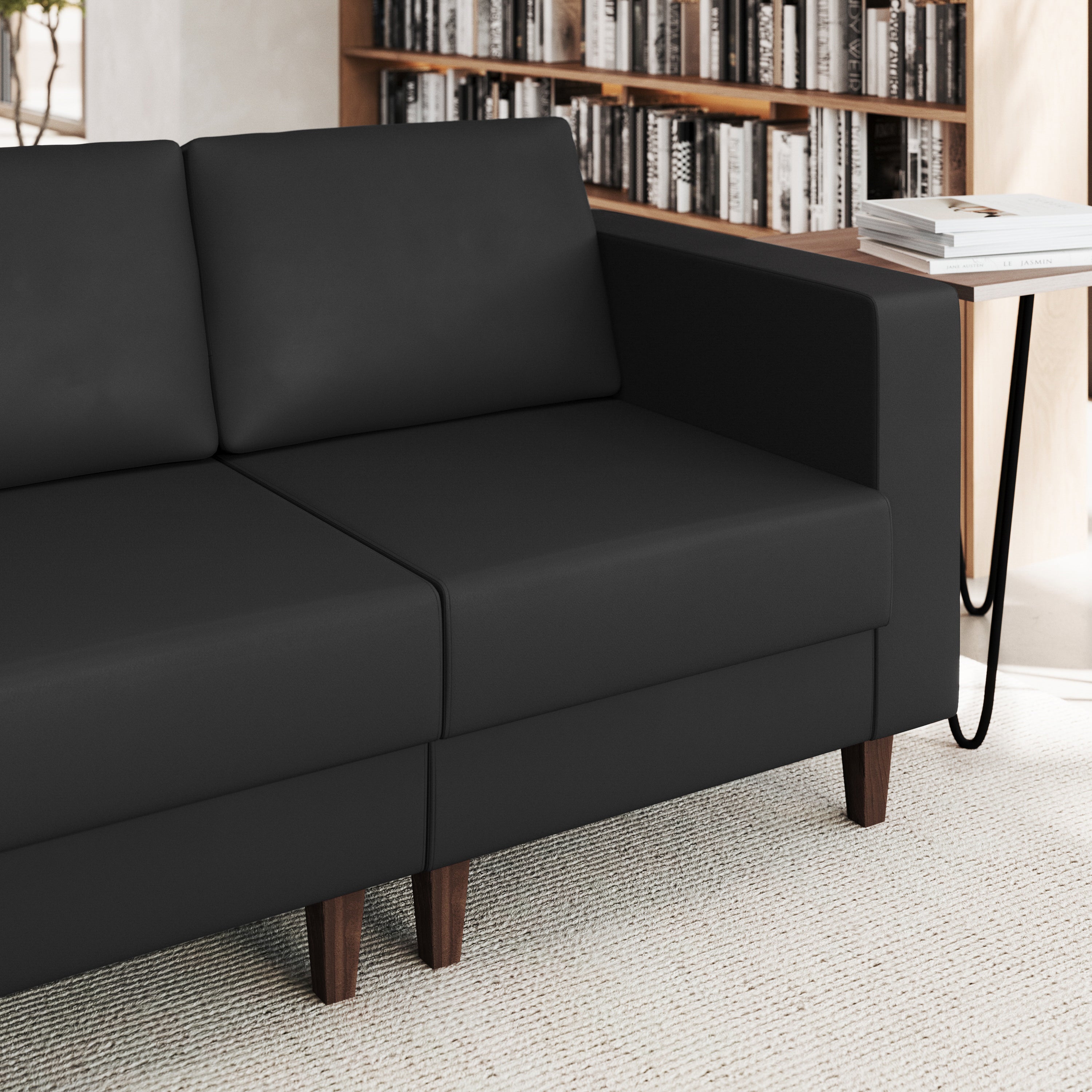 HERCULES Artemis Black LeatherSoft Right Arm Reception Chair, 2 AC Outlets/1 USB/1 USB-C Ports and Wooden Walnut Legs with Adjustable Floor Glides