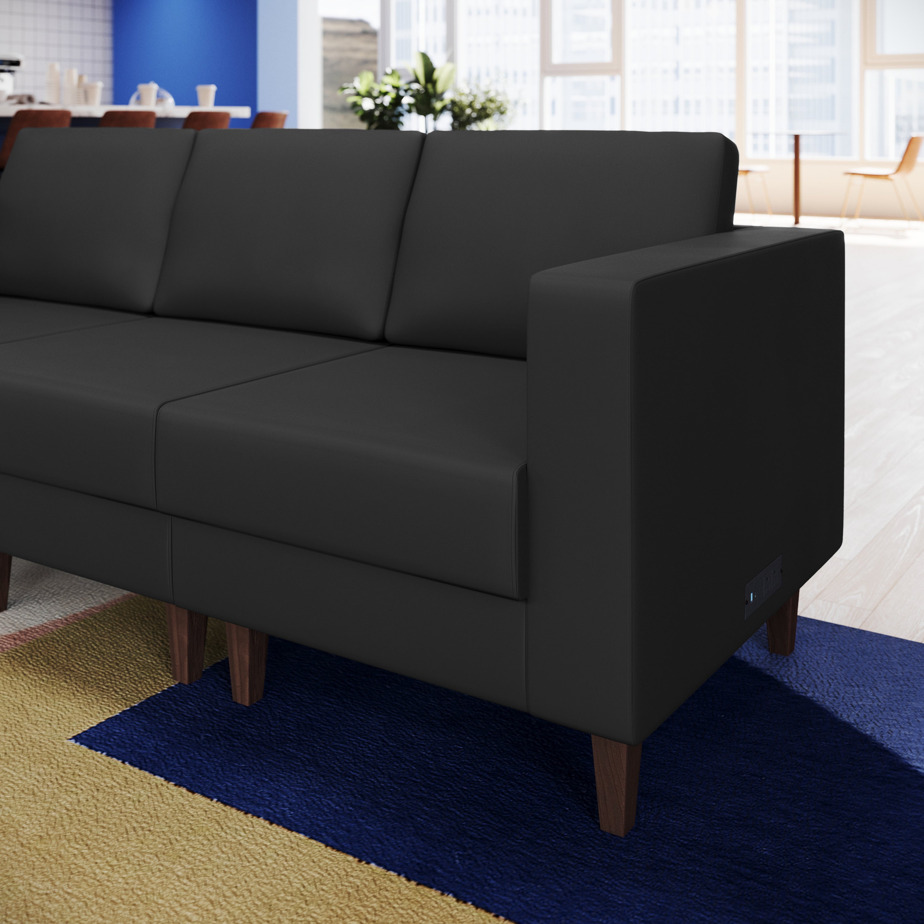 HERCULES Artemis Black LeatherSoft Right Arm Reception Chair, 2 AC Outlets/1 USB/1 USB-C Ports and Wooden Walnut Legs with Adjustable Floor Glides