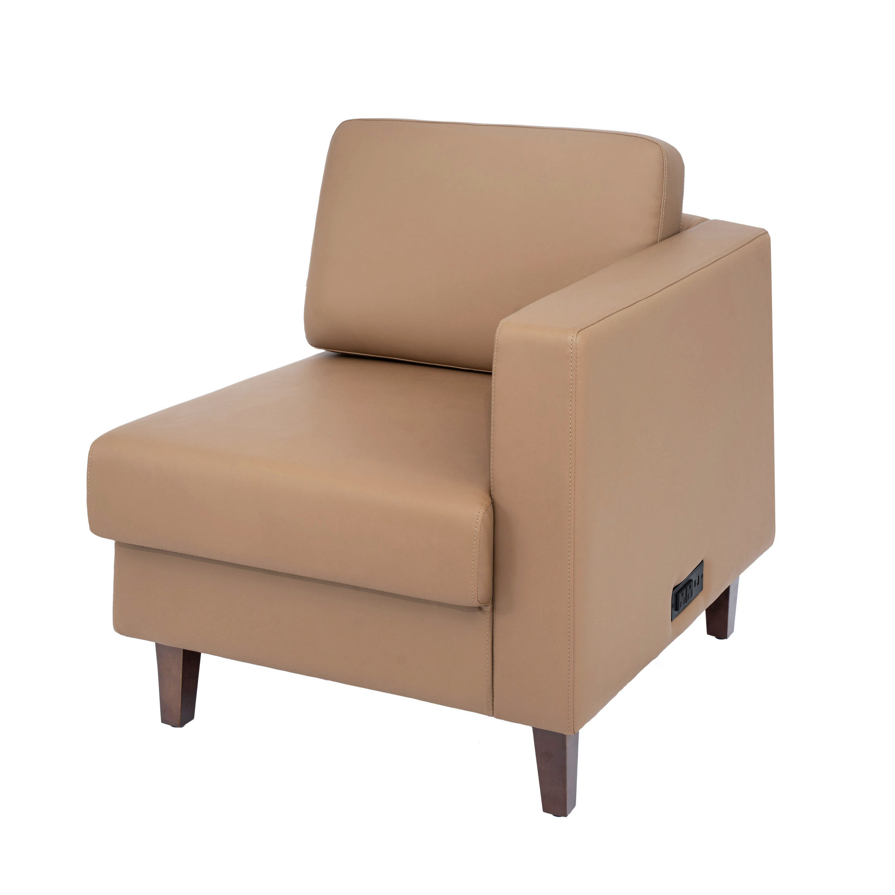 HERCULES Artemis Cognac LeatherSoft Right Arm Reception Chair, 2 AC Outlets/1 USB/1 USB-C Ports and Wooden Walnut Legs with Adjustable Floor Glides