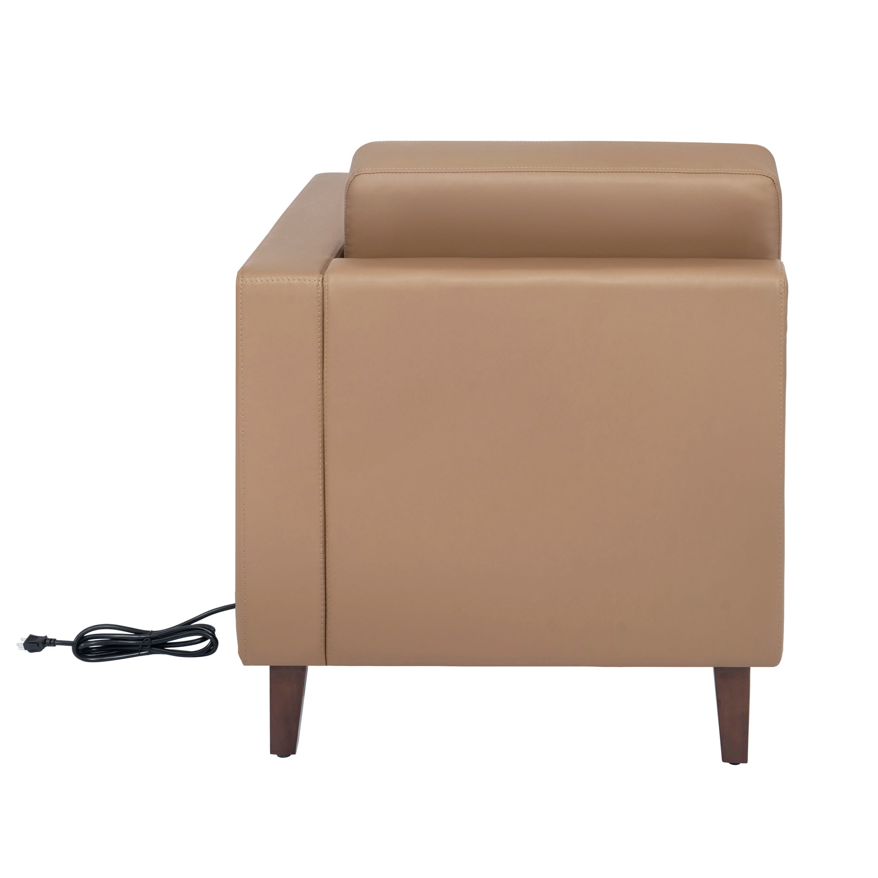 HERCULES Artemis Cognac LeatherSoft Right Arm Reception Chair, 2 AC Outlets/1 USB/1 USB-C Ports and Wooden Walnut Legs with Adjustable Floor Glides