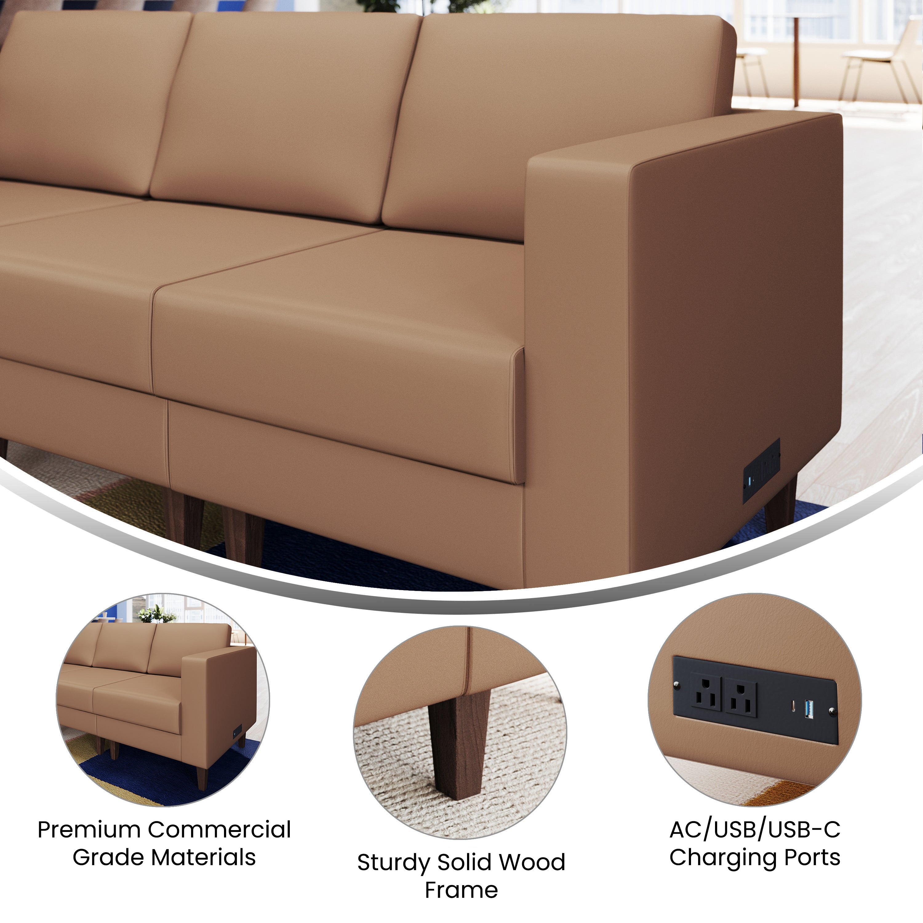 HERCULES Artemis Cognac LeatherSoft Right Arm Reception Chair, 2 AC Outlets/1 USB/1 USB-C Ports and Wooden Walnut Legs with Adjustable Floor Glides